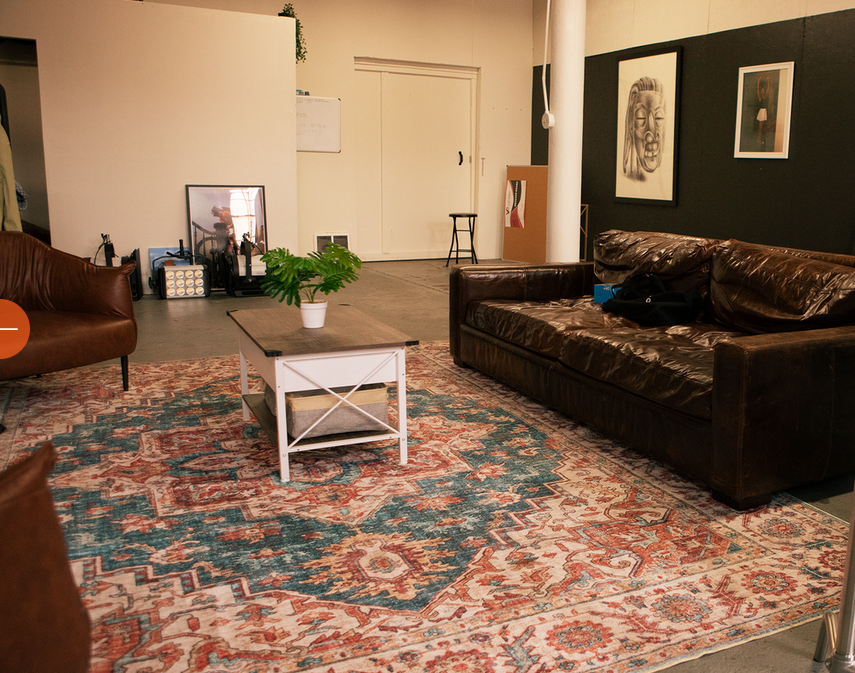 A panoramic view of a living room with brown leather furniture and a patterned carpet spanning multiple connected images.