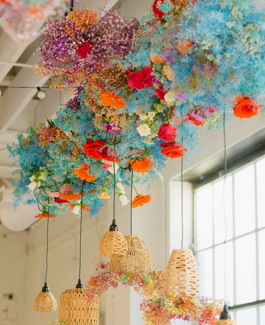 Colorful dried baby's breath flowers suspended from ceiling with woven bamboo pendant lights in a bright modern space.