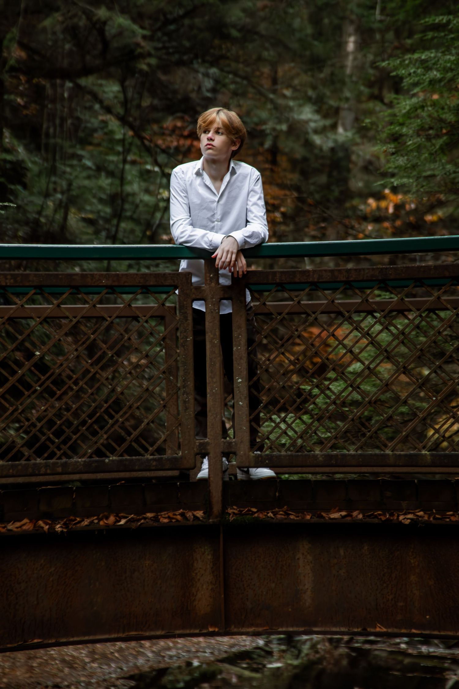 A person in a white shirt sits contemplatively on a wooden bridge railing surrounded by autumn forest scenery.