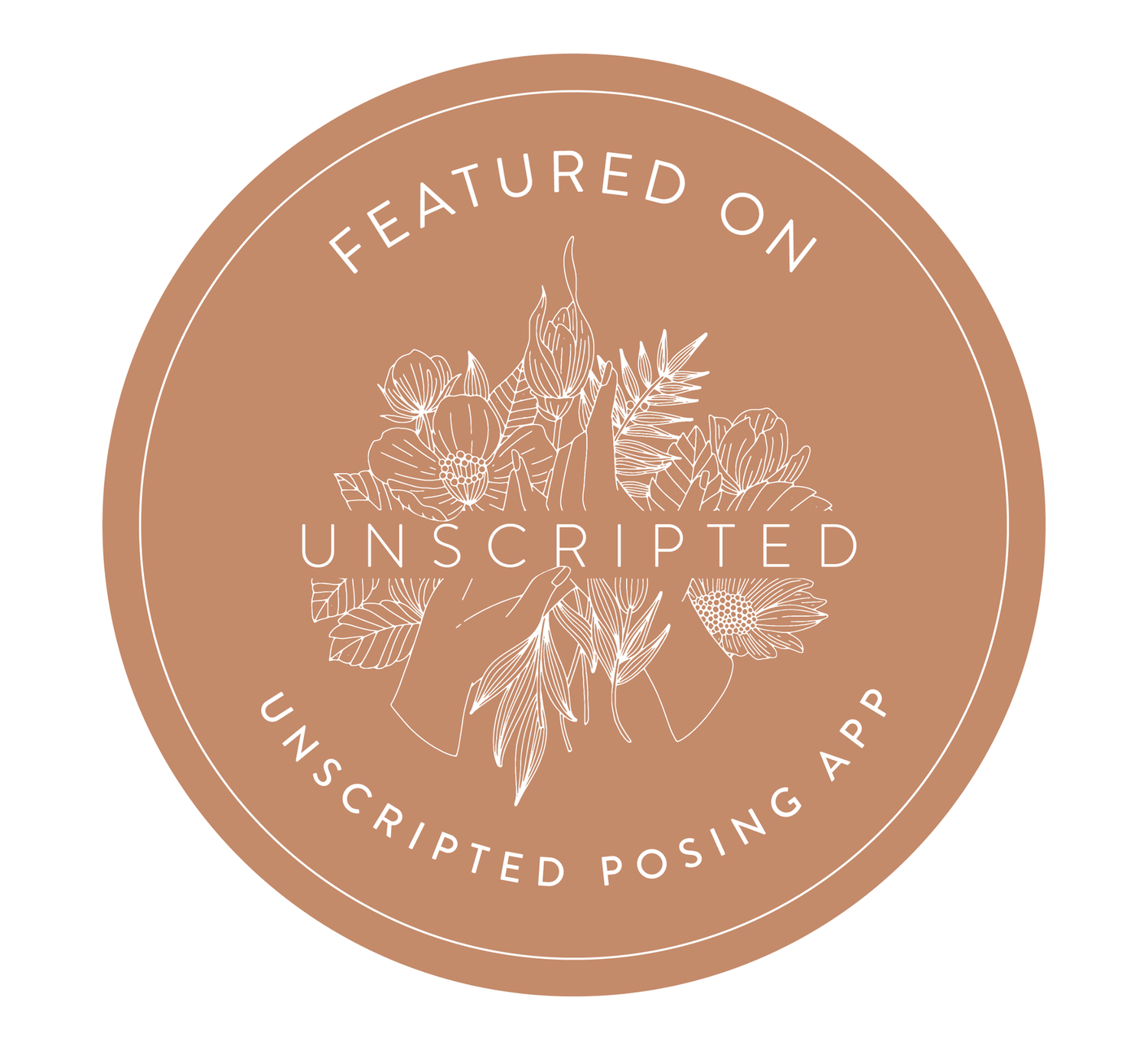 Elegant copper-toned circular badges with floral and botanical designs arranged in a horizontal row.
