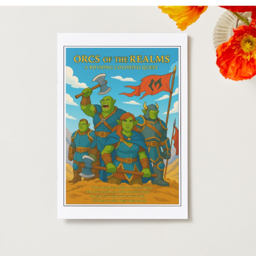 Cartoon illustration of green orcs in medieval fantasy setting with desert landscape and castle background.