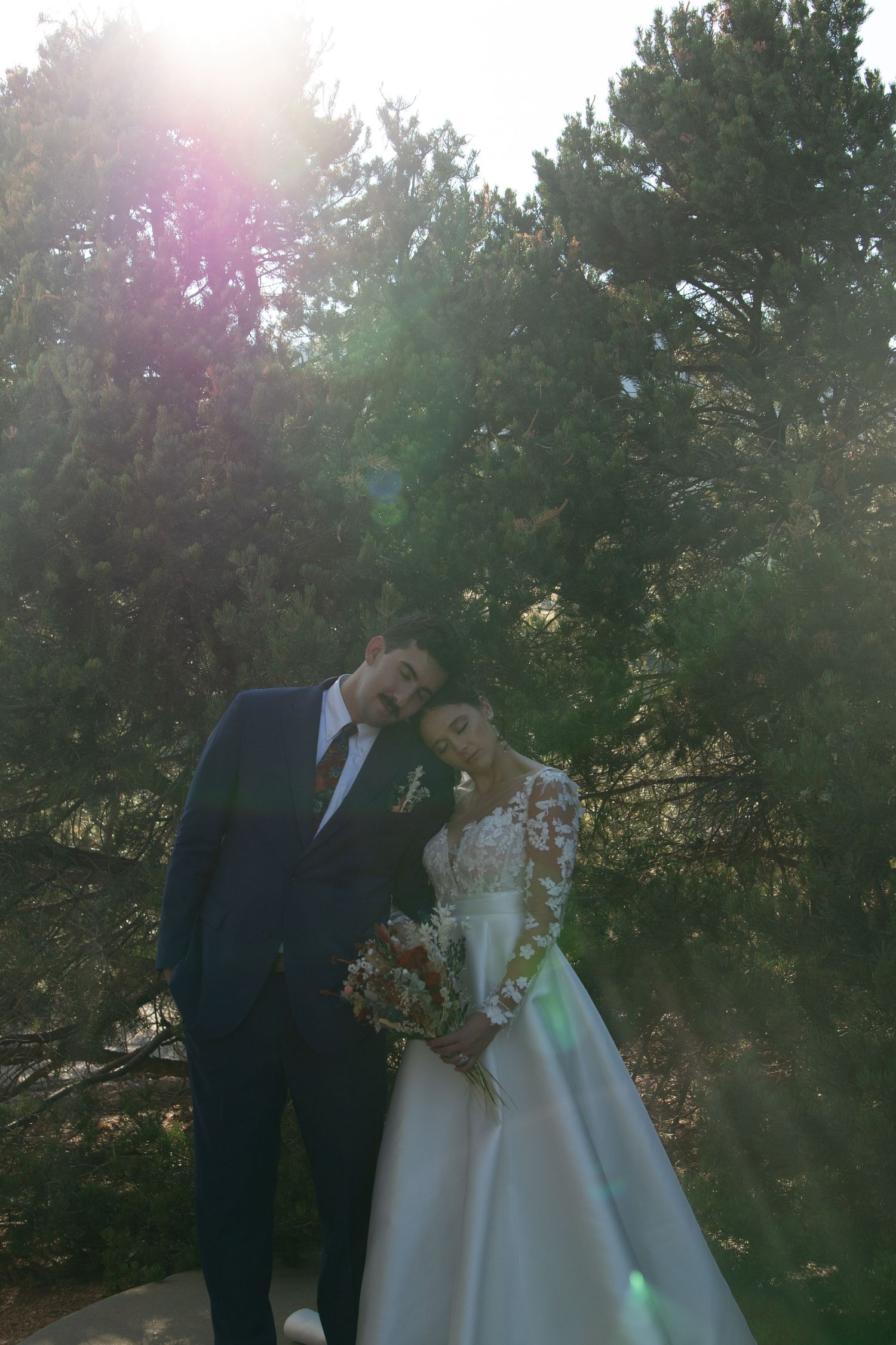 Sunlit wedding portrait in a pine forest with streaming rays of light through the trees.