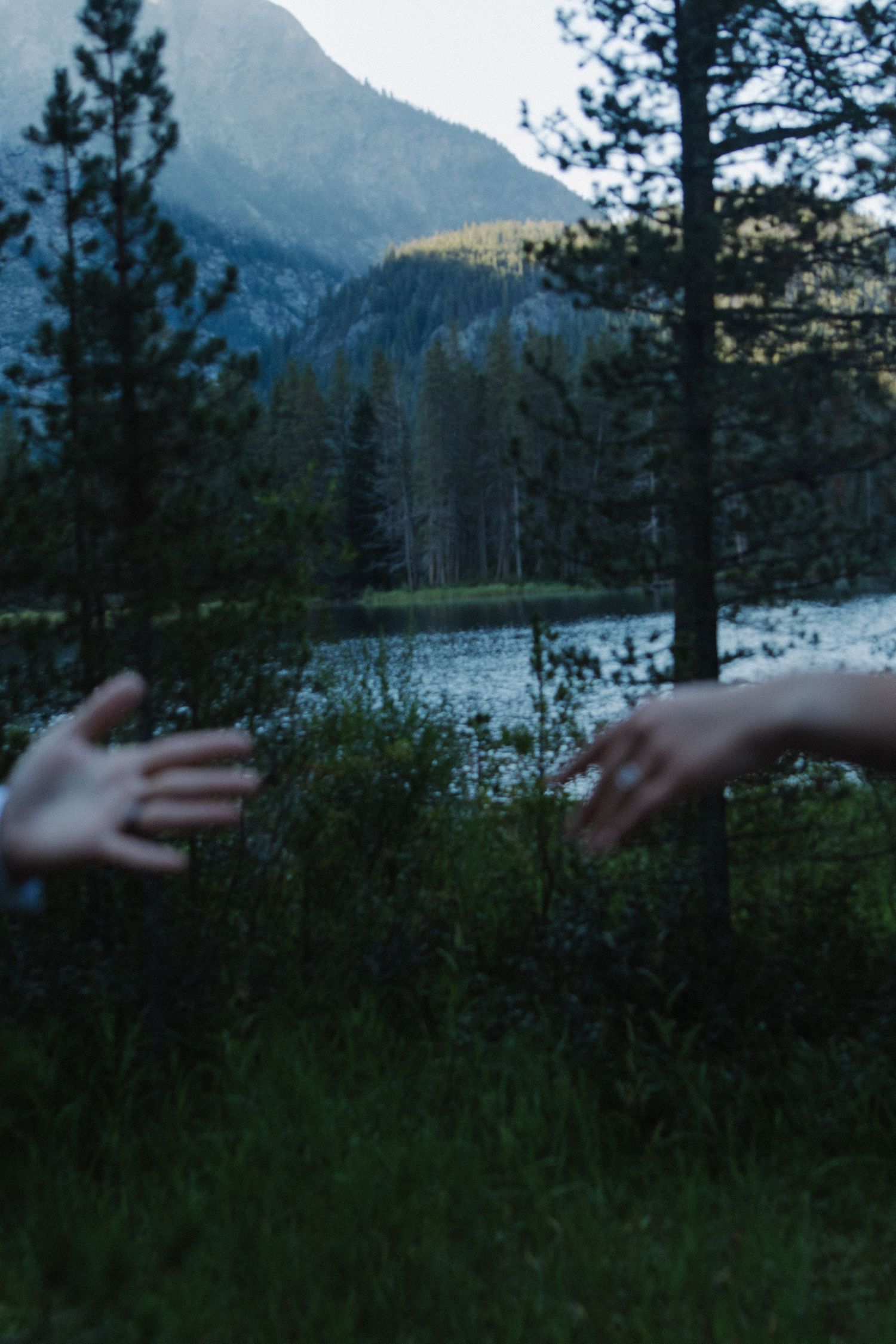 Artistic photo of reaching hands with mountain landscape and lake in background at dusk.