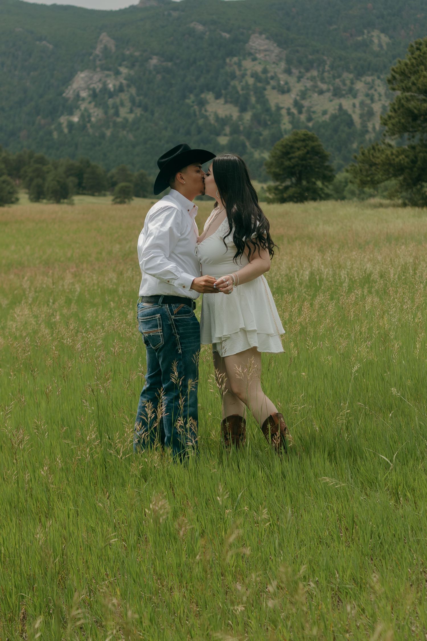 A romantic moment photographed against a backdrop of mountains and wild grass.