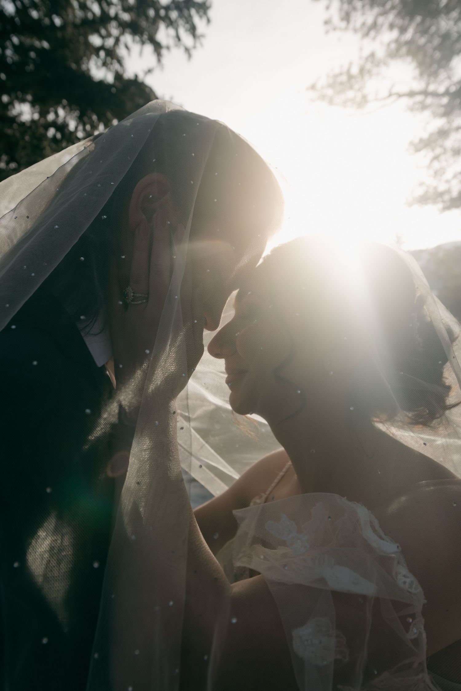 Silhouetted figures embrace in dreamy sunlit outdoor setting creating romantic atmosphere.