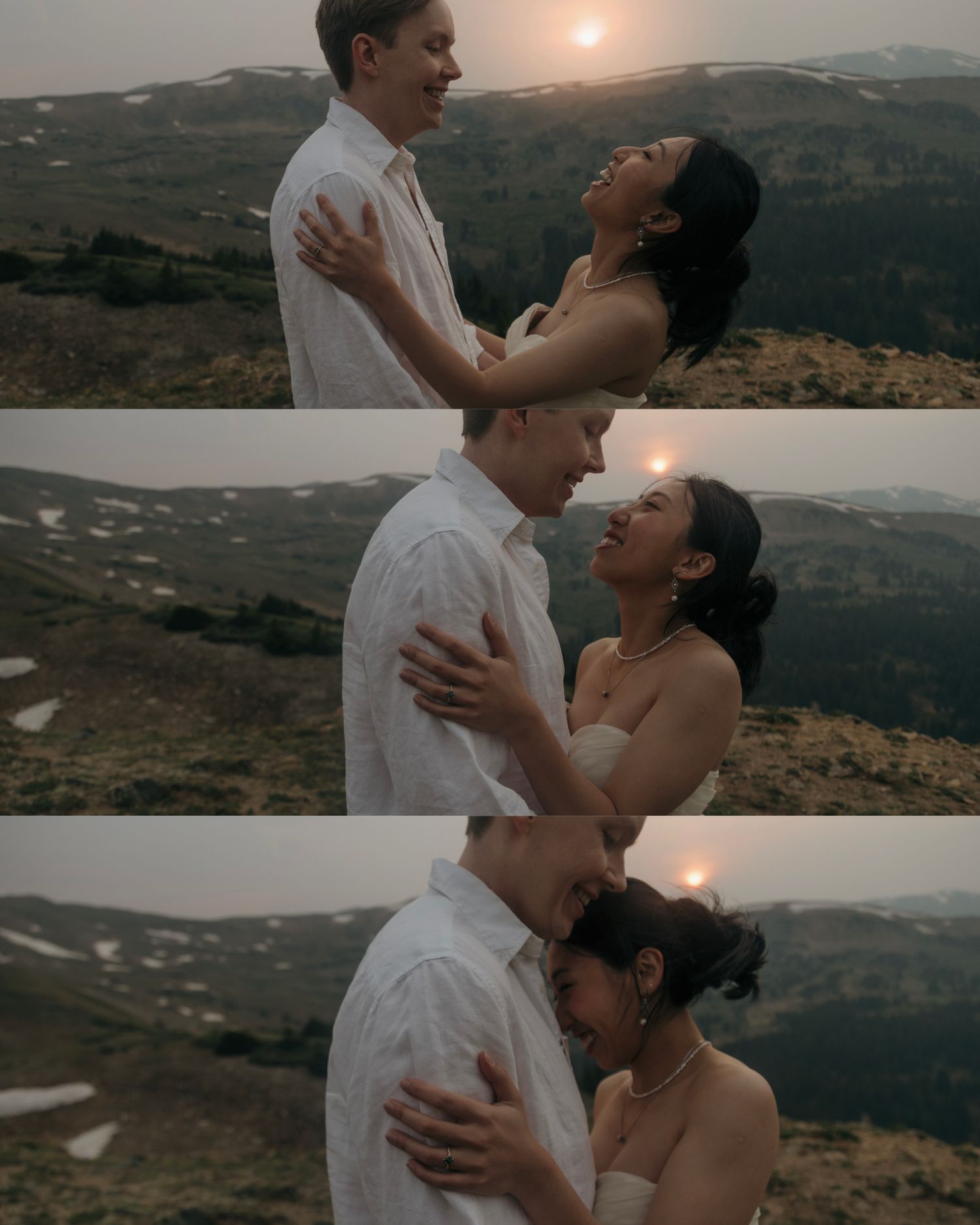 Triptych of couple embracing and gazing at each other at sunset on a scenic mountain landscape with snow patches.