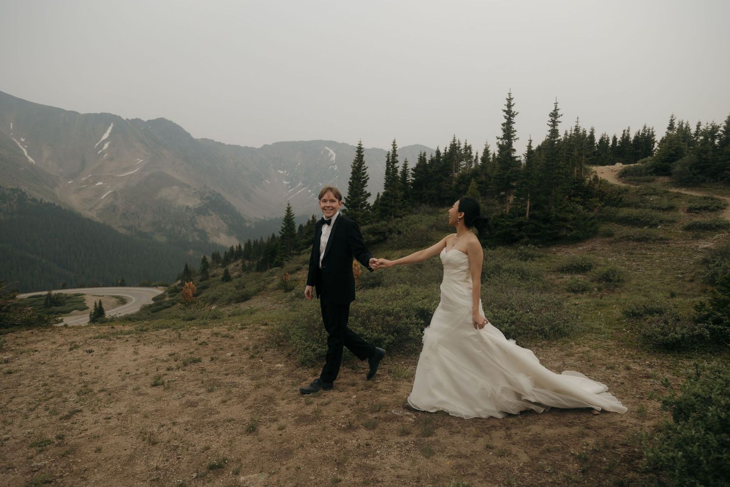 Bride and groom walk hand-in-hand through a scenic mountain meadow with evergreen trees and misty peaks behind.