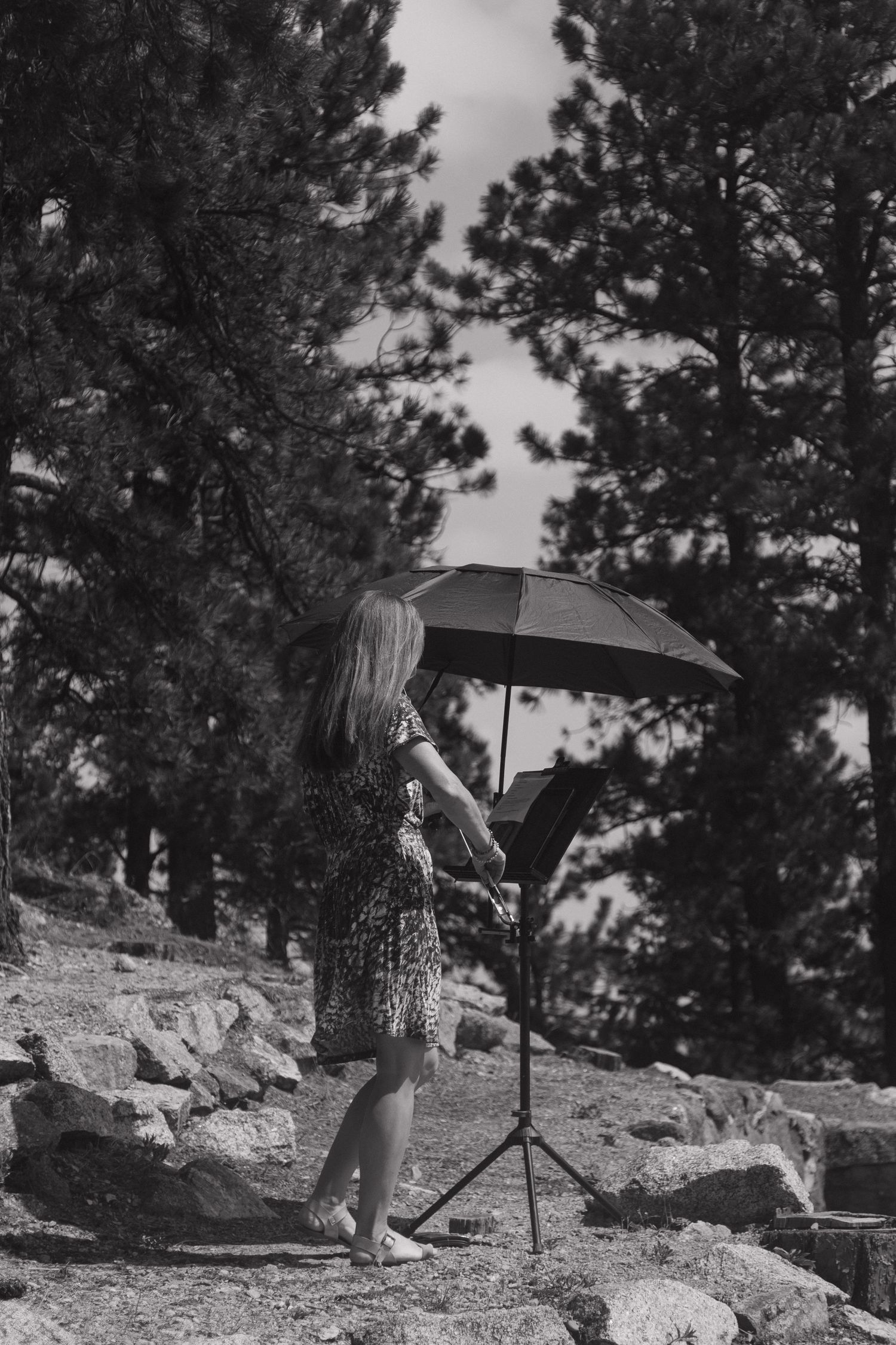 A woman in a floral dress plays violin outdoors among pine trees, standing beside a music stand under an umbrella.
