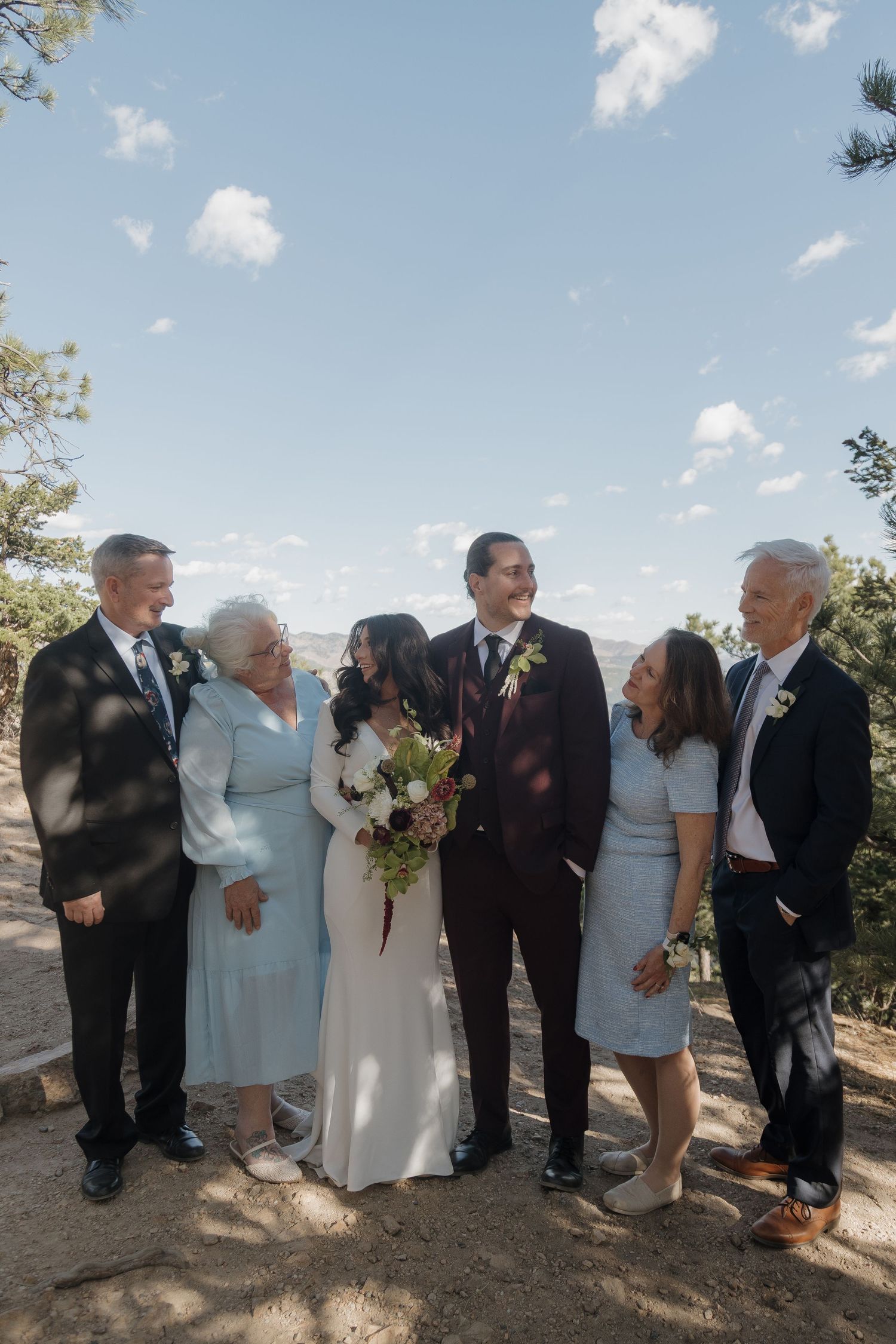 Wedding couple poses with family members outdoors under blue sky surrounded by pine trees and mountain views.