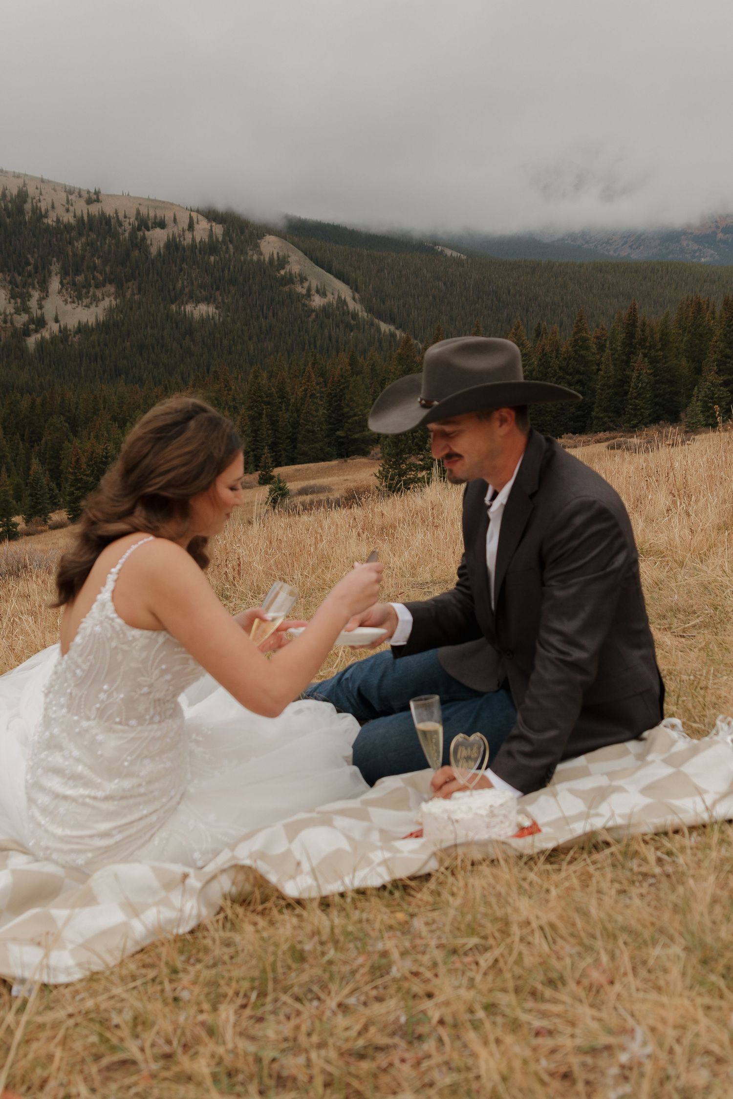 A couple enjoys a champagne picnic on a mountainside meadow with forest views.