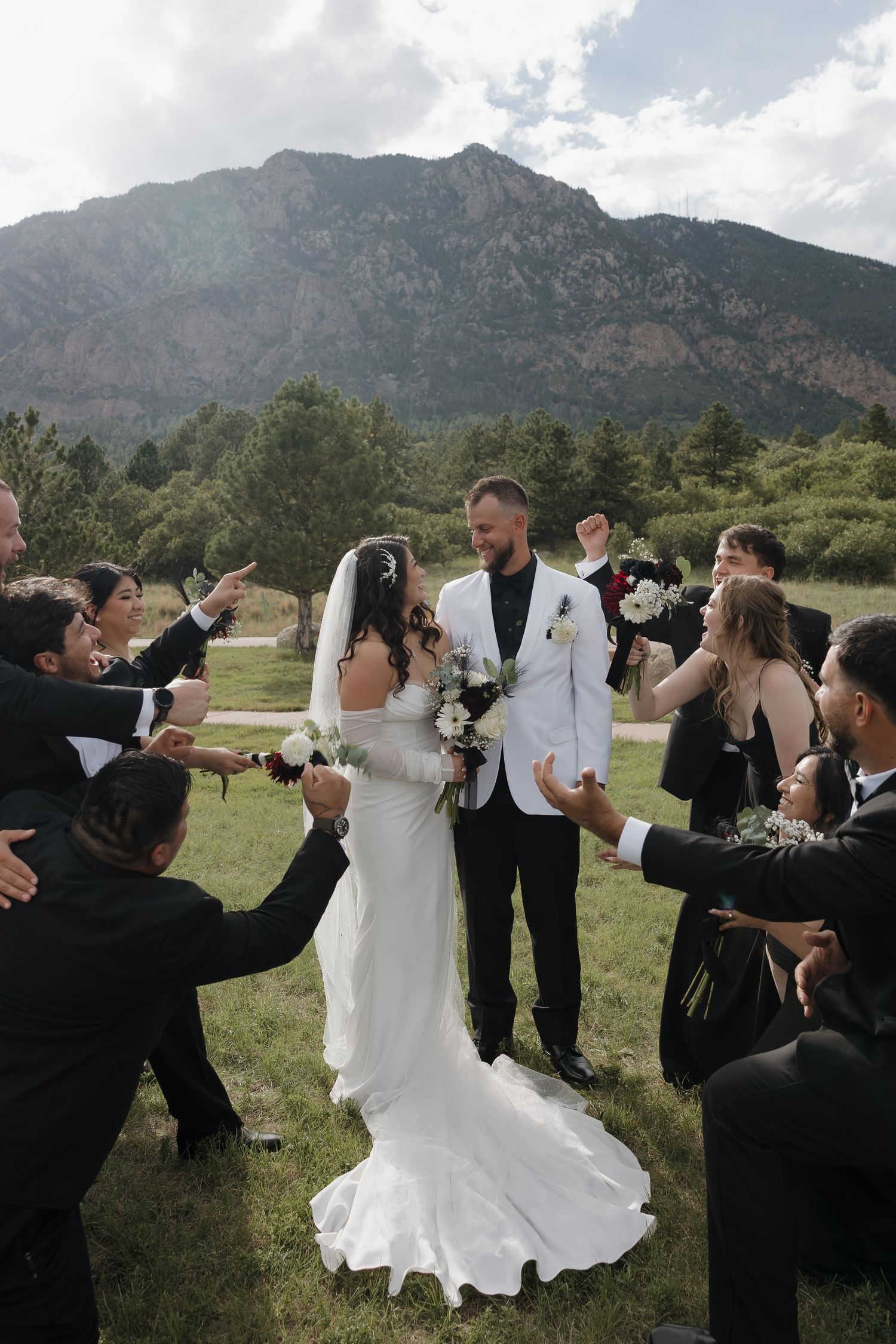 Bride and groom celebrate with wedding party outdoors, mountain backdrop, white gown and jacket, green landscape.