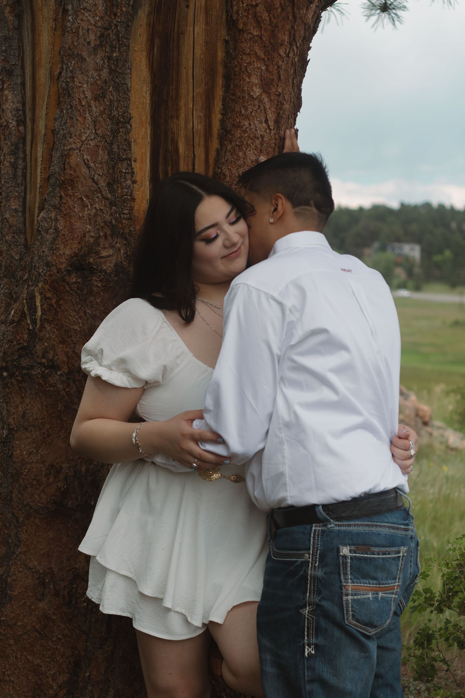 Couple embraces tenderly against rough bark of large tree with green meadow in background.