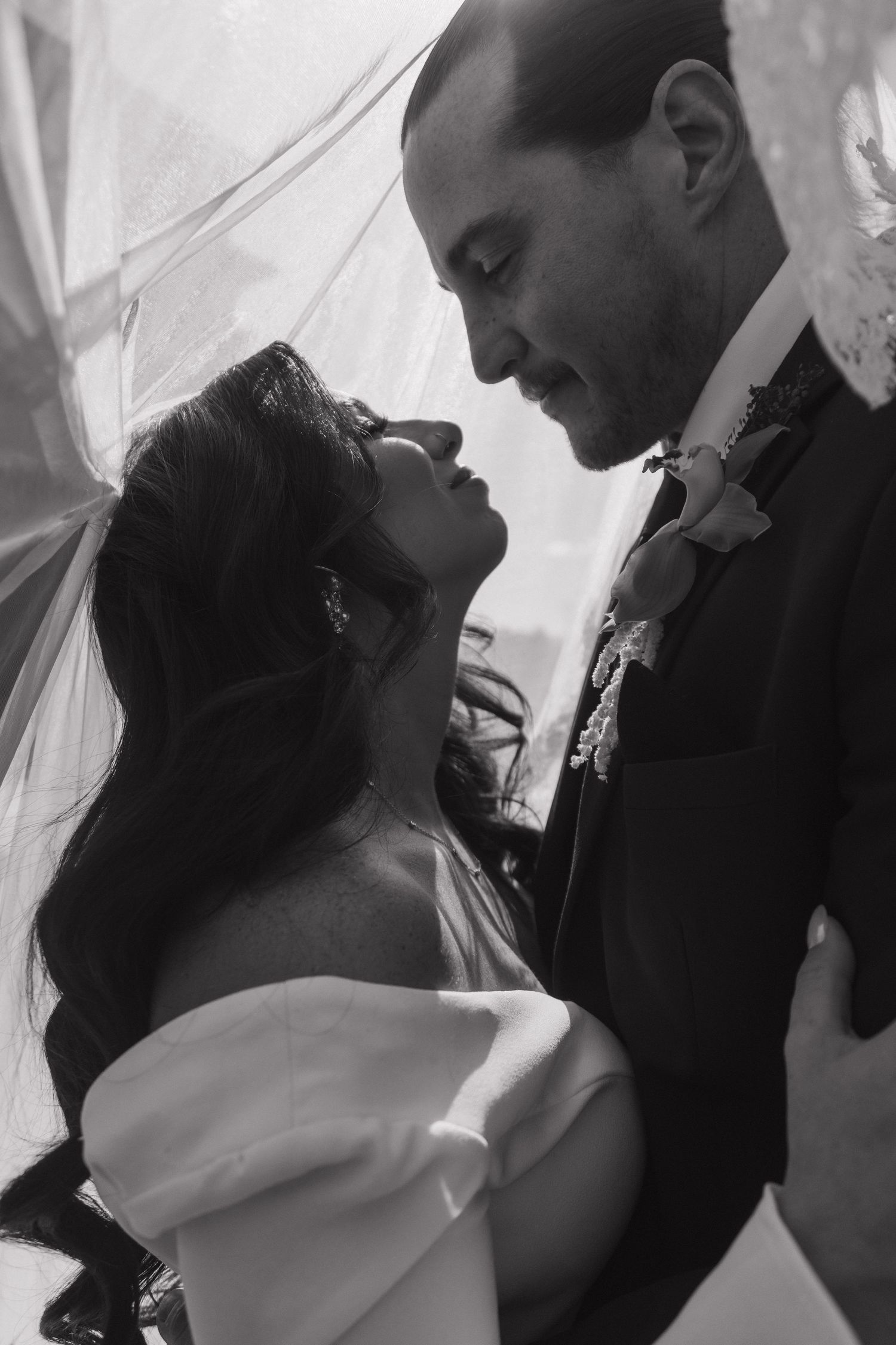 Black and white romantic portrait of bride and groom nearly kissing beneath flowing wedding veil.