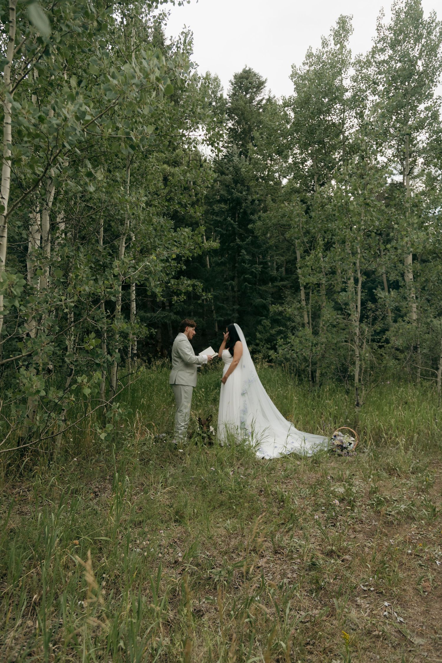 Bride in flowing white gown and veil holds hands with groom among tall aspen trees outdoors.