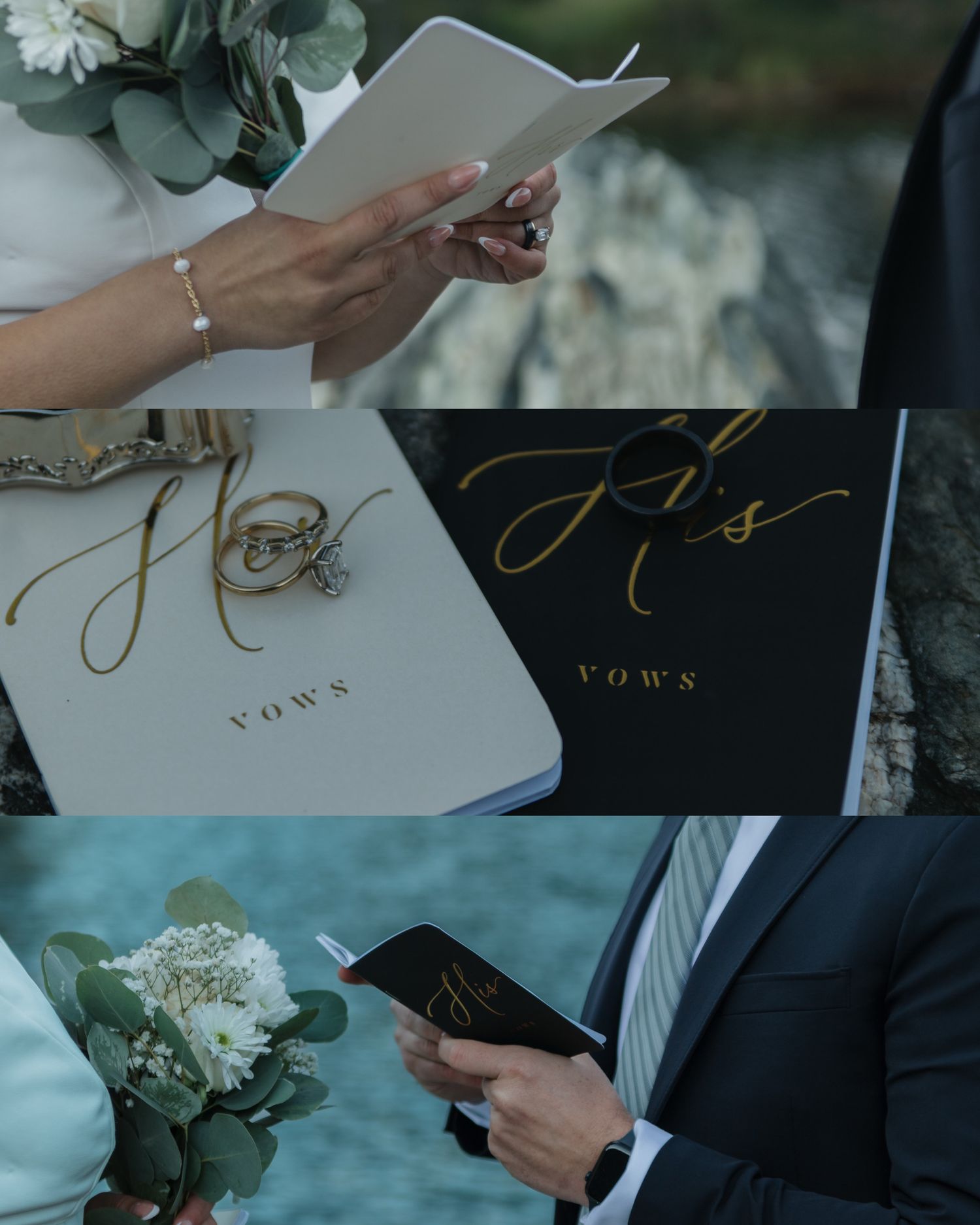 Close-up of wedding vows books with elegant gold script and floral details.