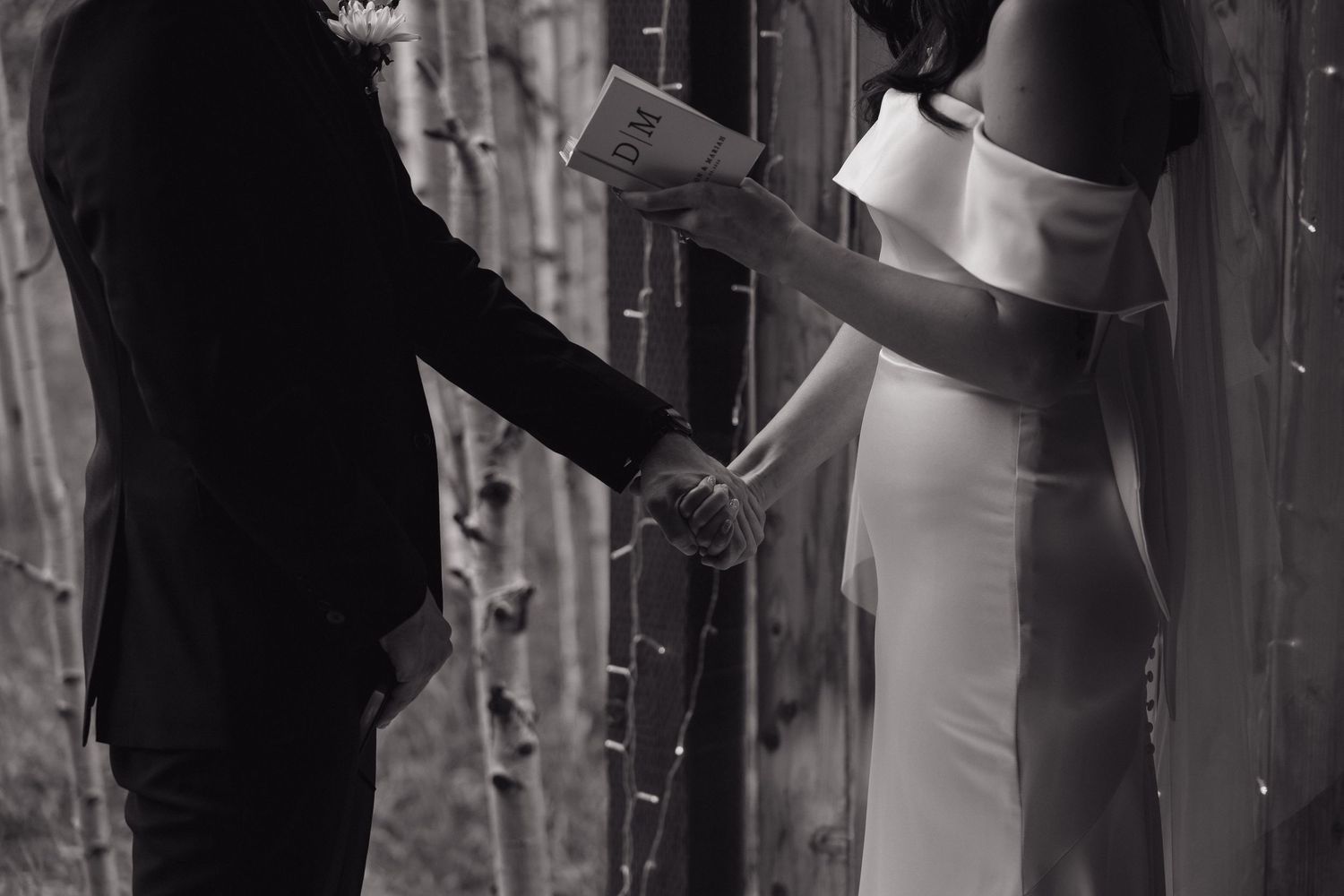 Black and white photo of bride and groom holding hands during wedding ceremony outdoors.