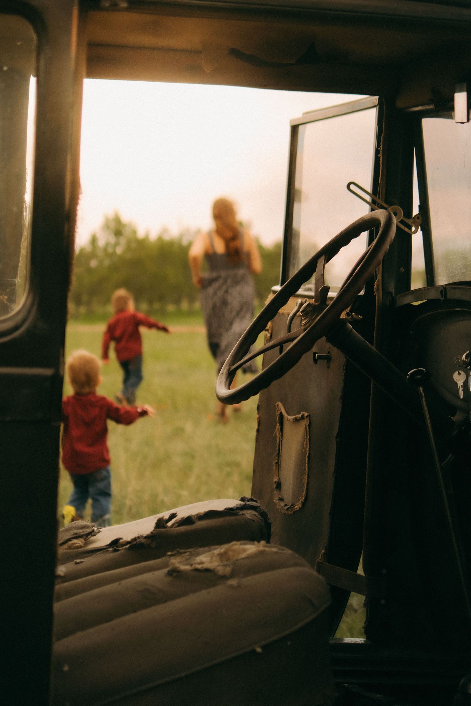 Interior view of old truck cab with people visible through open door in sunny field.
