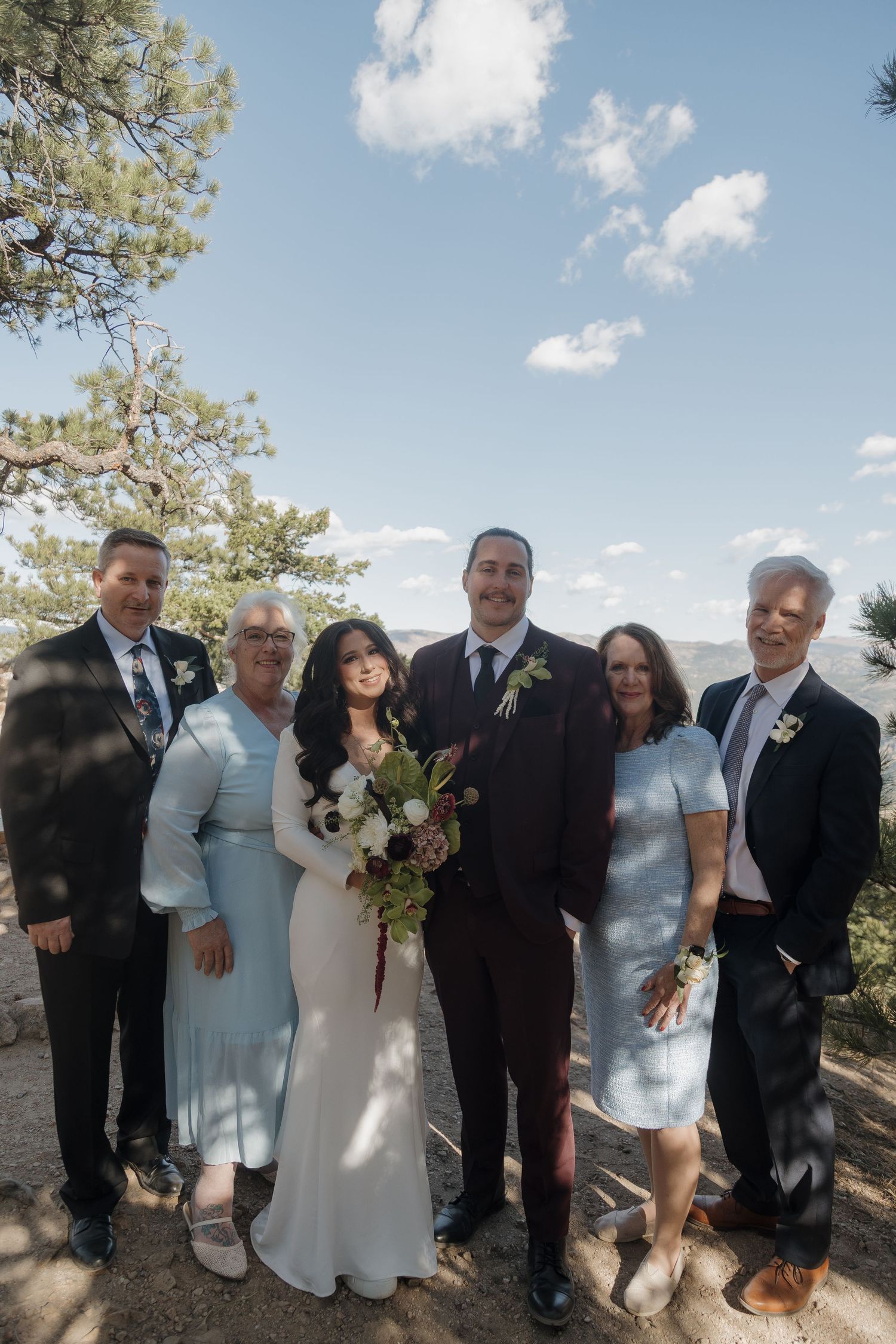 Wedding party of six poses outdoors on a rocky overlook surrounded by pine trees under a blue sky.