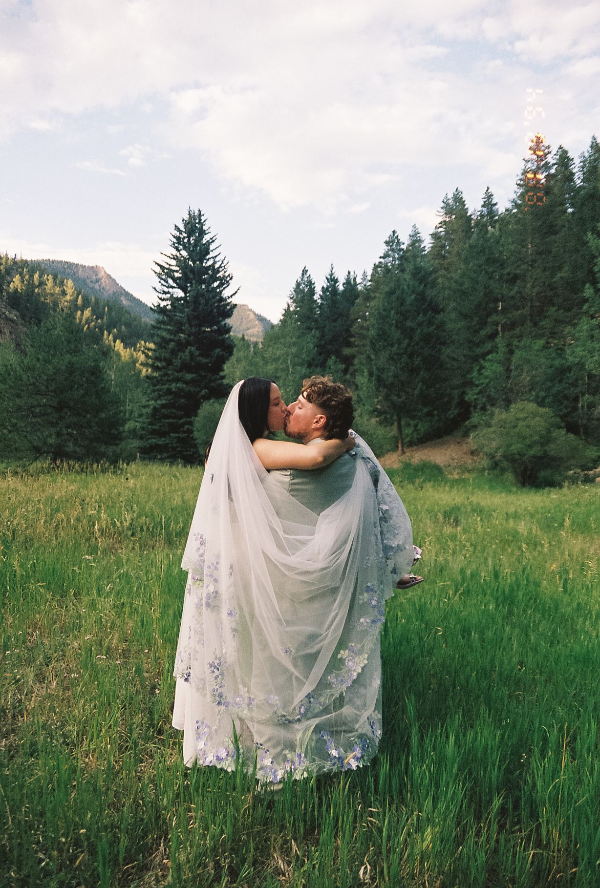 Bride and groom share a romantic kiss in a lush green mountain meadow with pine trees behind.