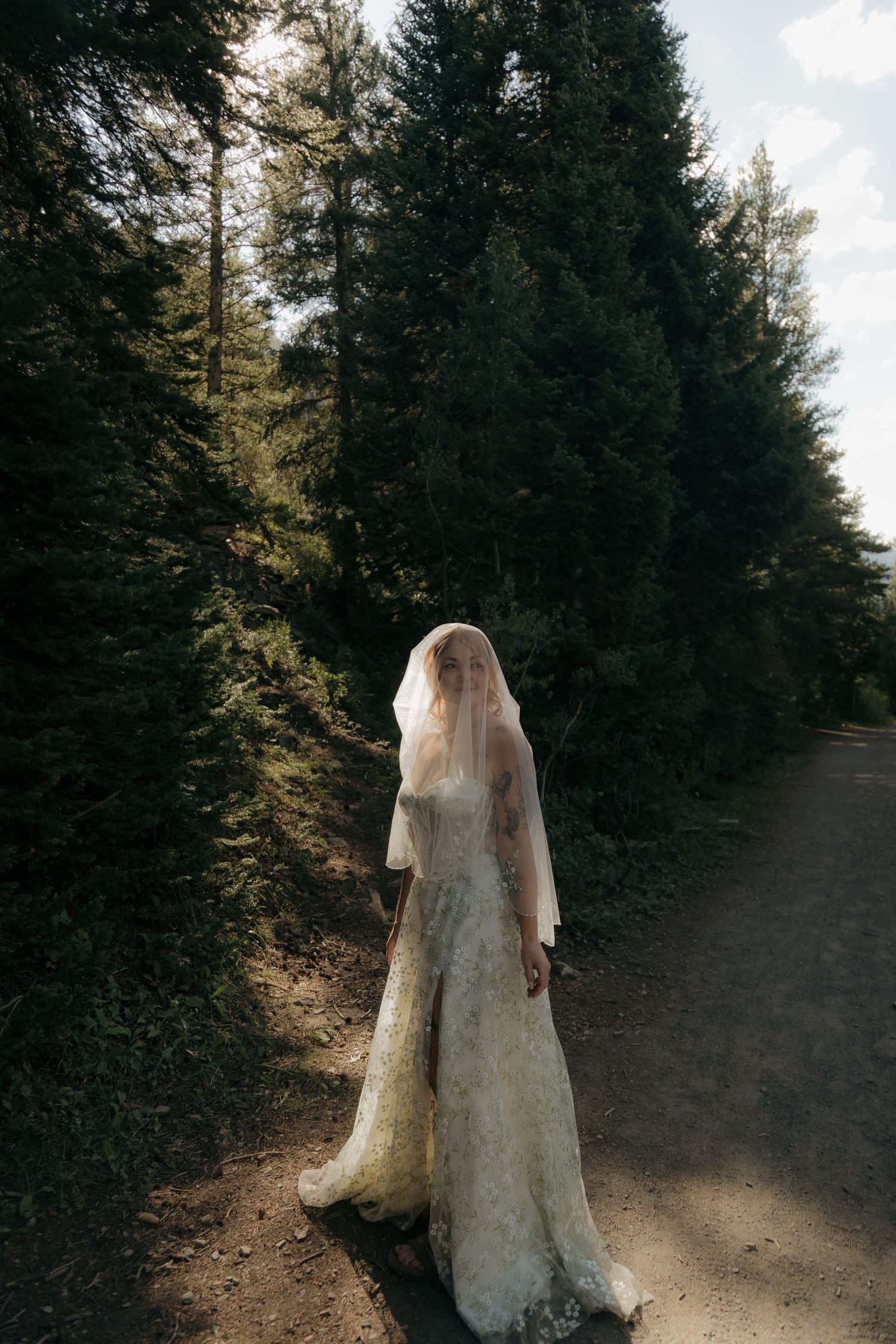 Bride in lace wedding gown and veil walks along forest path surrounded by tall evergreen trees.