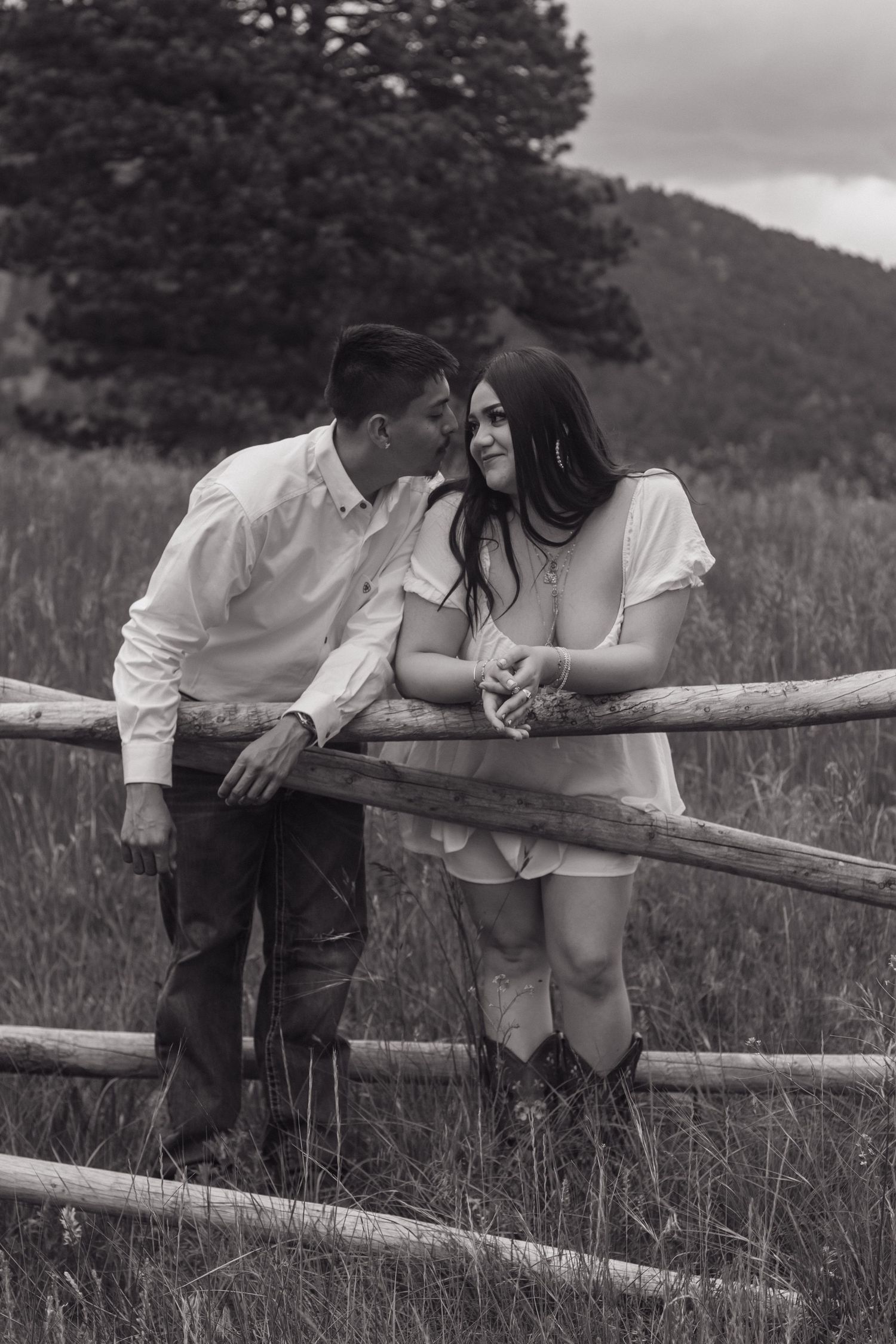Monochrome photo of couple sharing tender moment by wooden fence in mountain meadow.