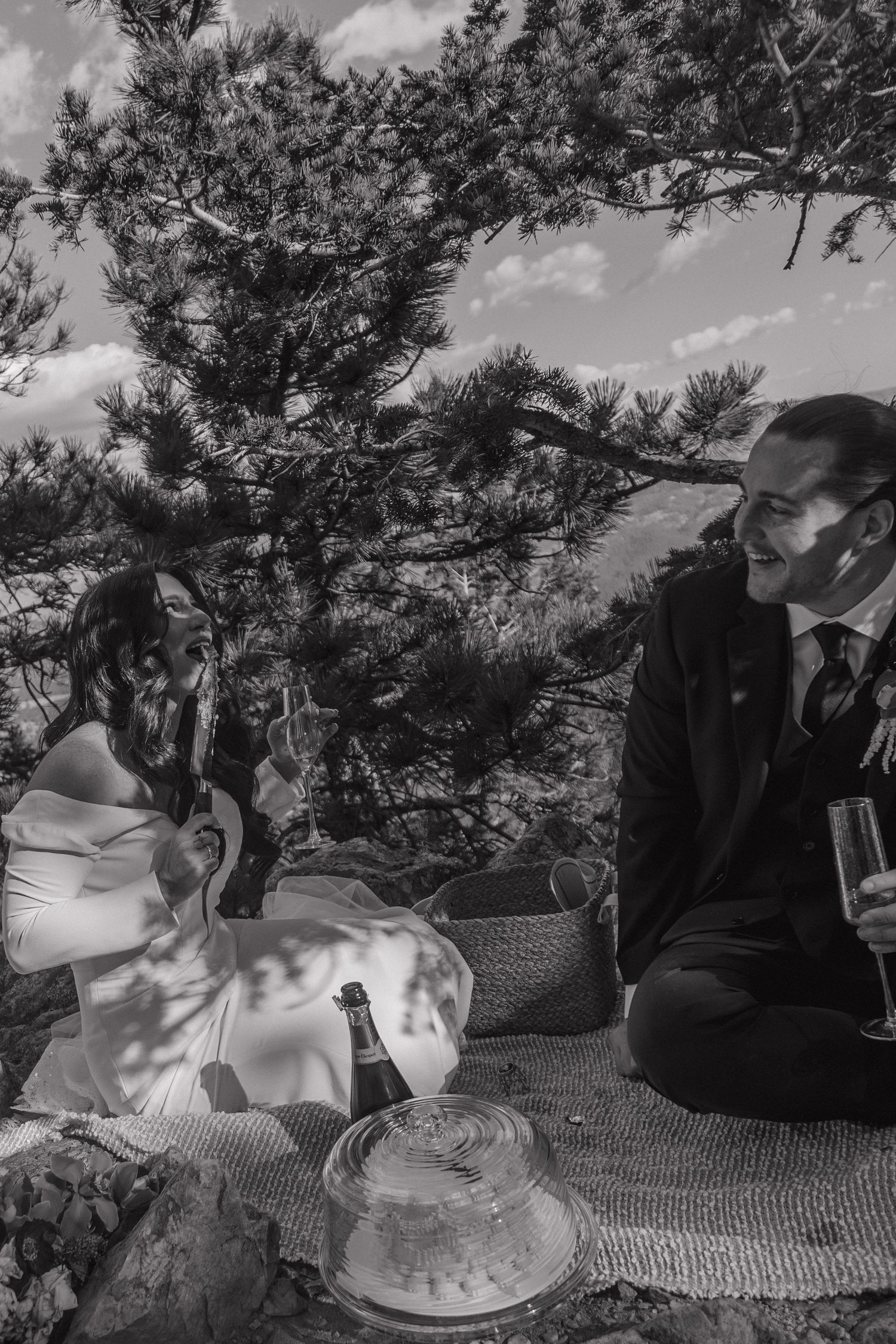 Bride and groom share champagne toast during intimate outdoor wedding picnic under pine trees in black and white.