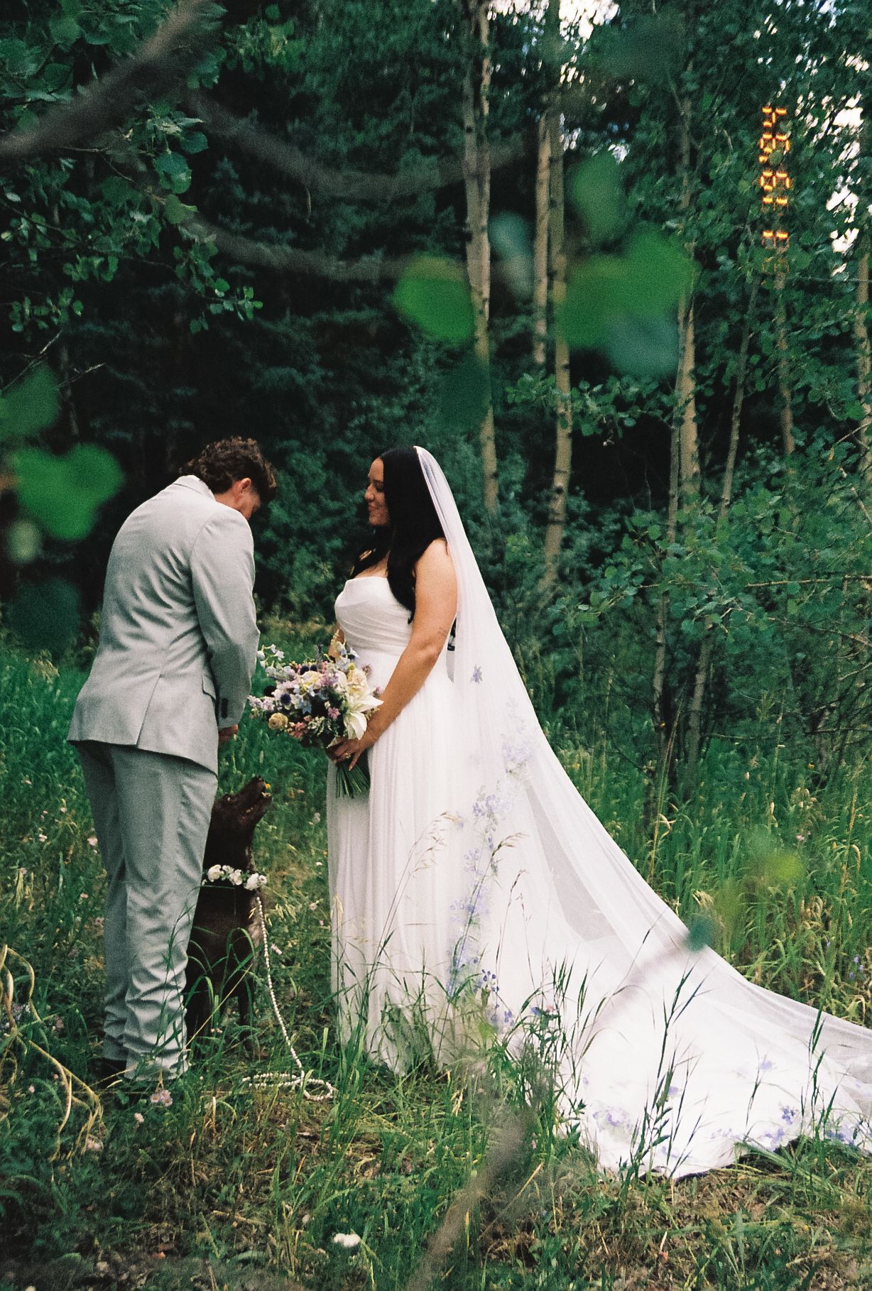 Bride and groom standing among aspen trees, bride holding wildflower bouquet on film photo.