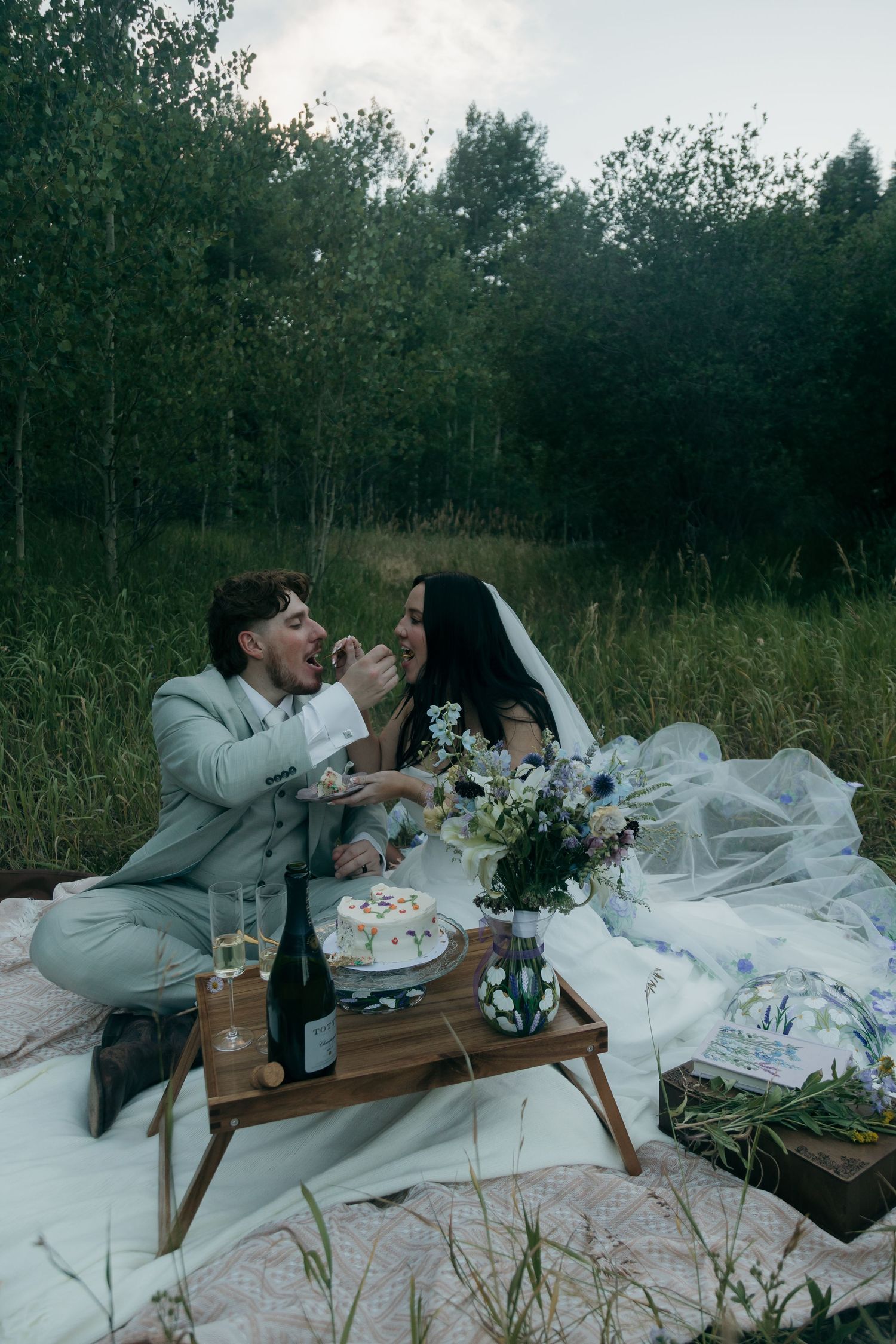 Bride feeds groom wedding cake during romantic outdoor picnic celebration in green meadow.