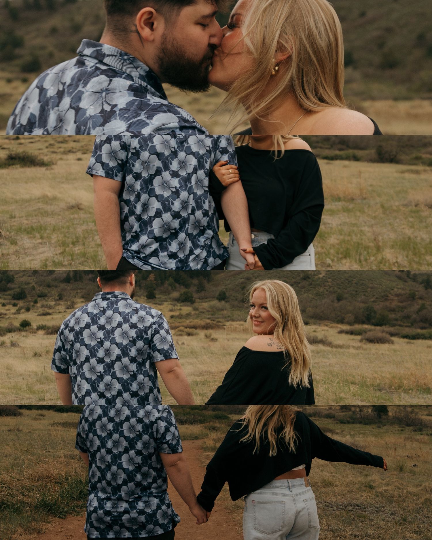 Couple sharing a romantic kiss and holding hands in an outdoor desert landscape setting.
