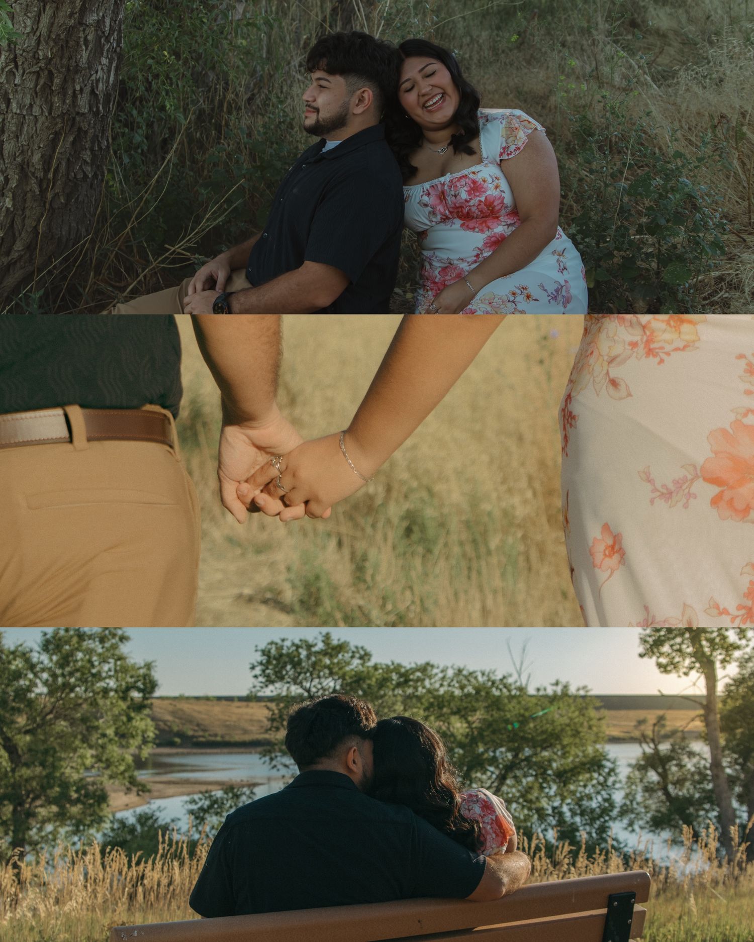 A romantic photo collage showing a couple enjoying tender moments outdoors by a lake.