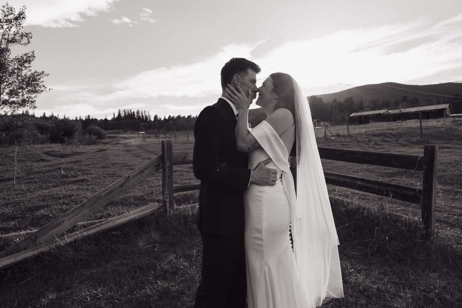 Black and white photo of bride and groom nearly kissing in a rustic countryside setting.