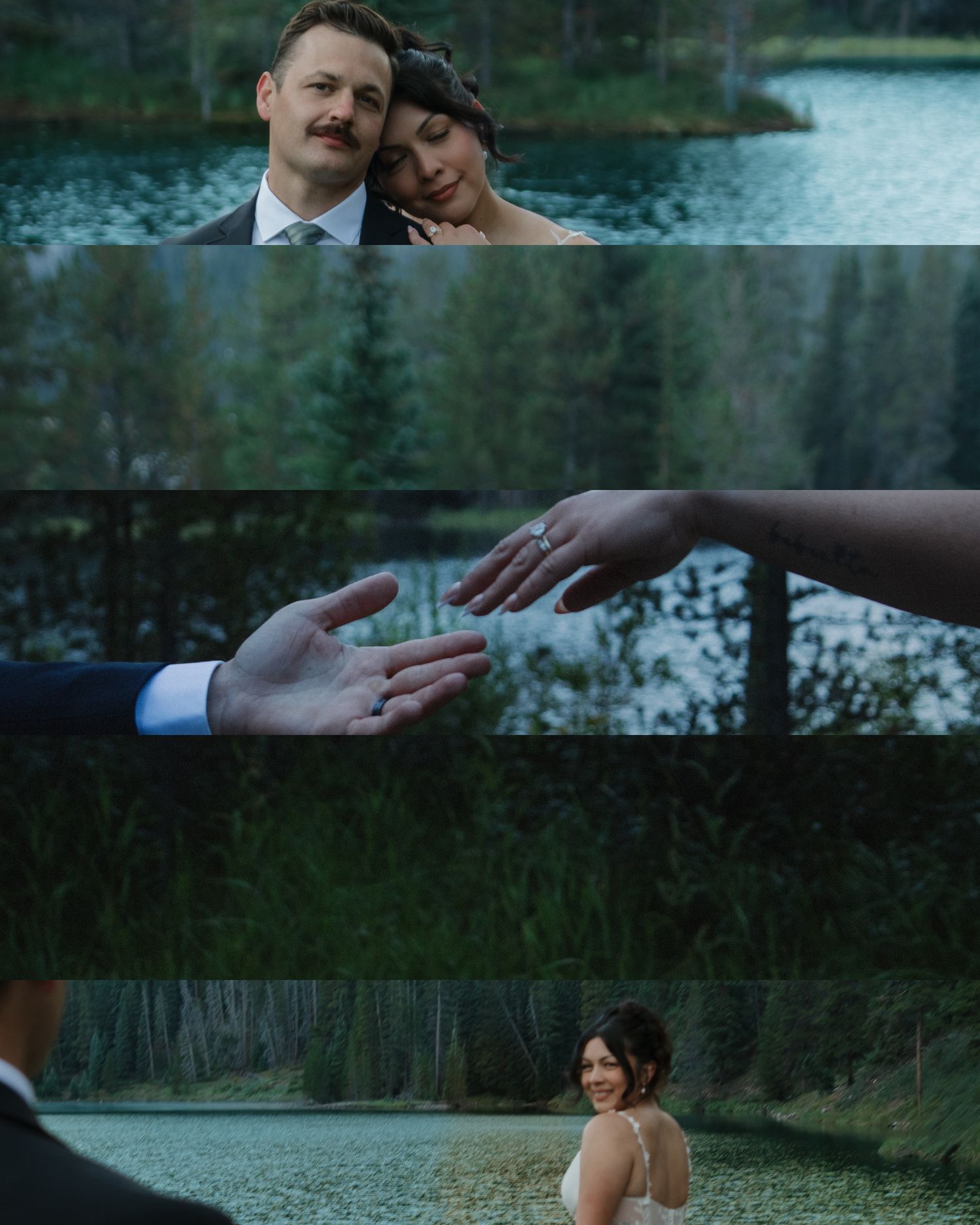 Wedding photography session by mountain lake with evergreen forest backdrop.