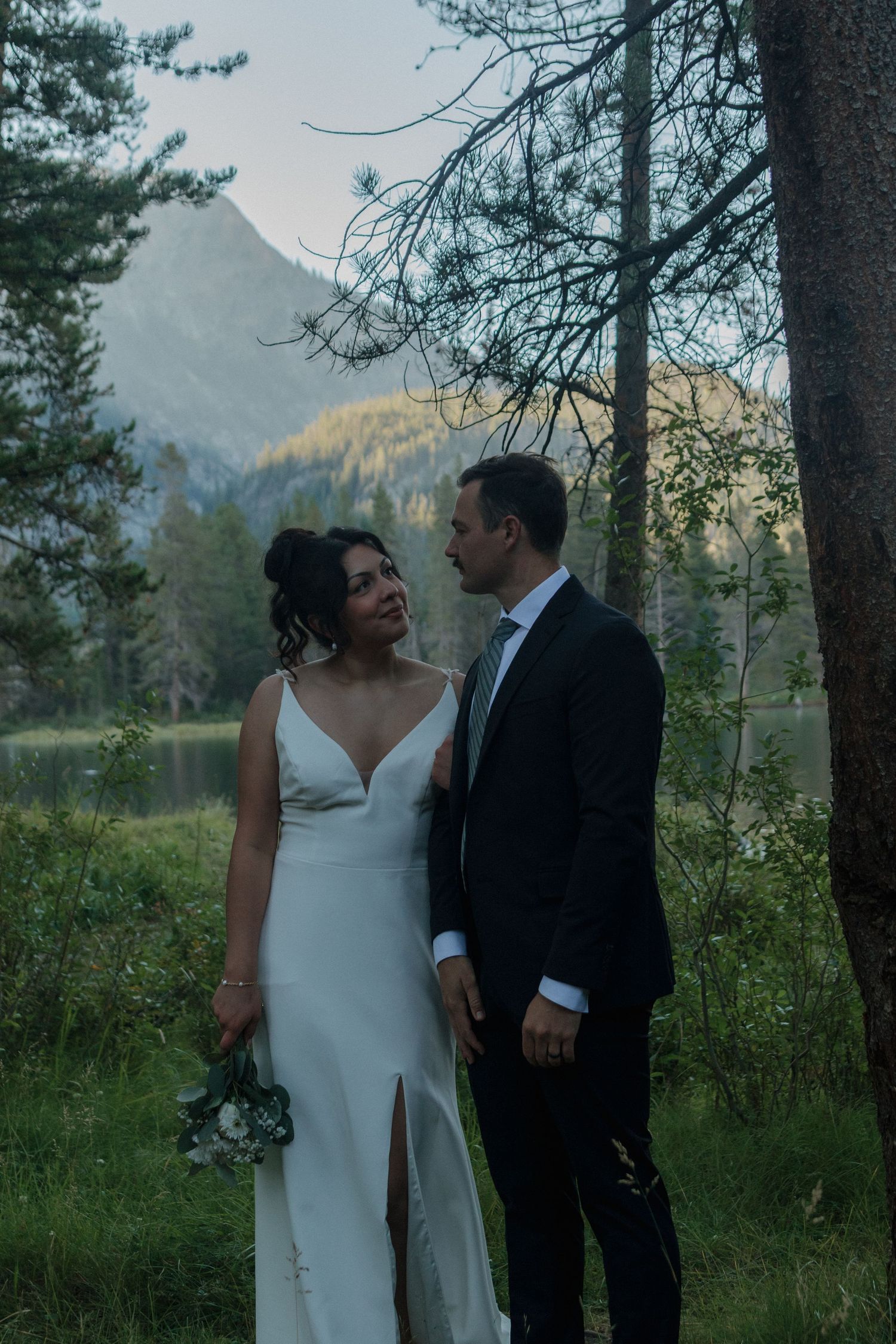 A romantic wedding photo shoot in a pine forest with mountains in the background at dusk.