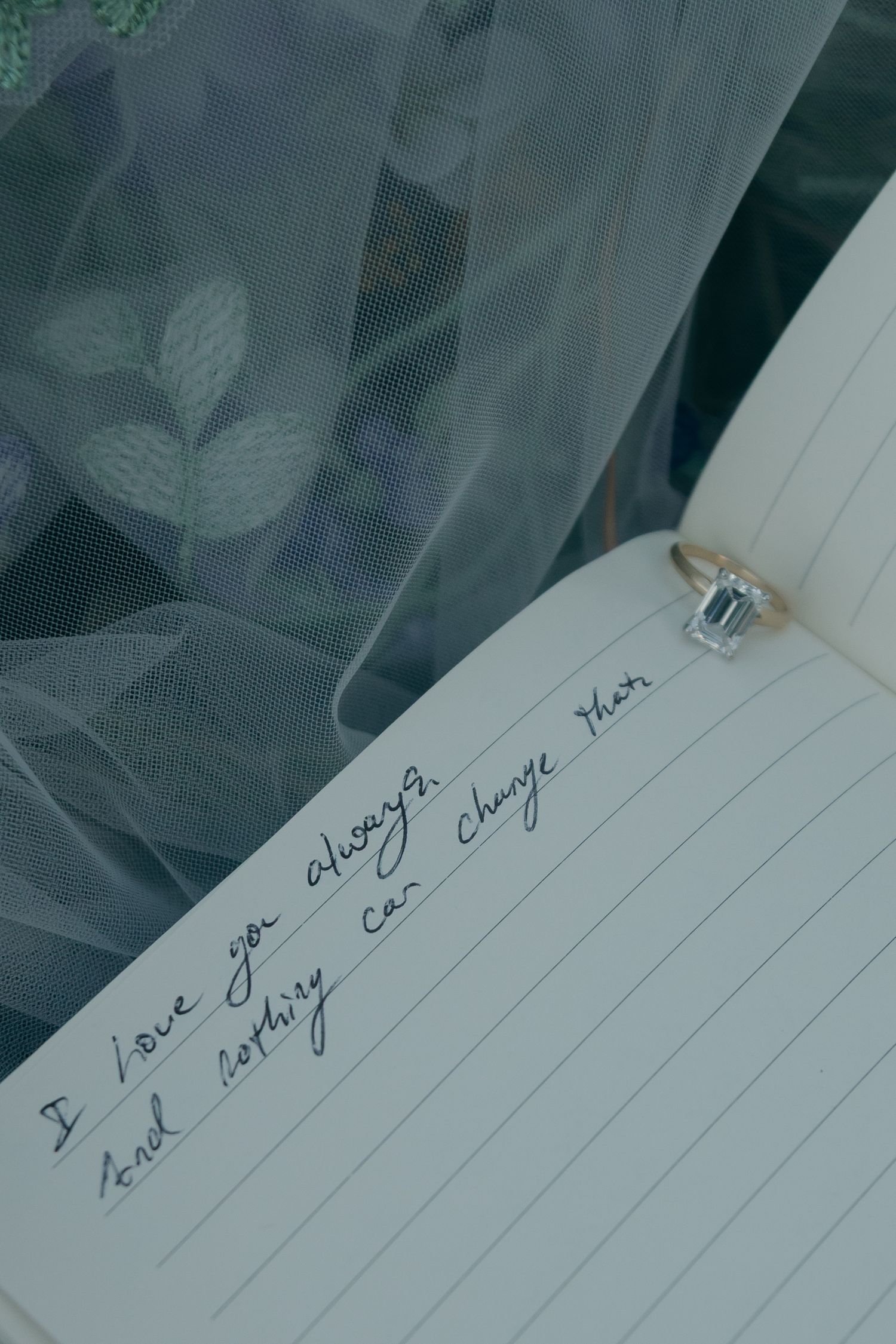 Handwritten wedding vow reading I love you always and nothing can change that beside a diamond ring.