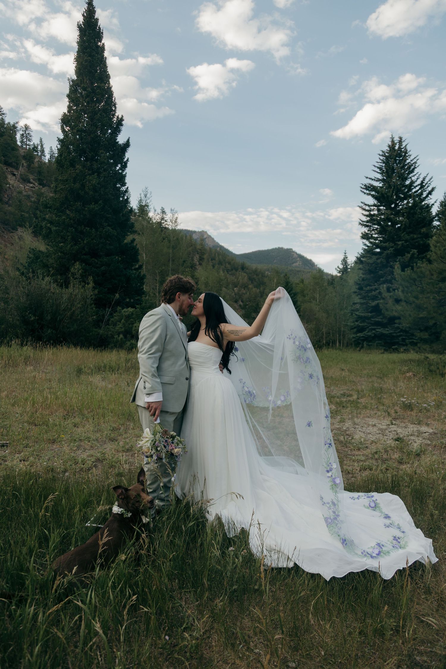 Couple shares romantic kiss in mountain meadow, bride's floral embroidered veil flowing in the breeze.