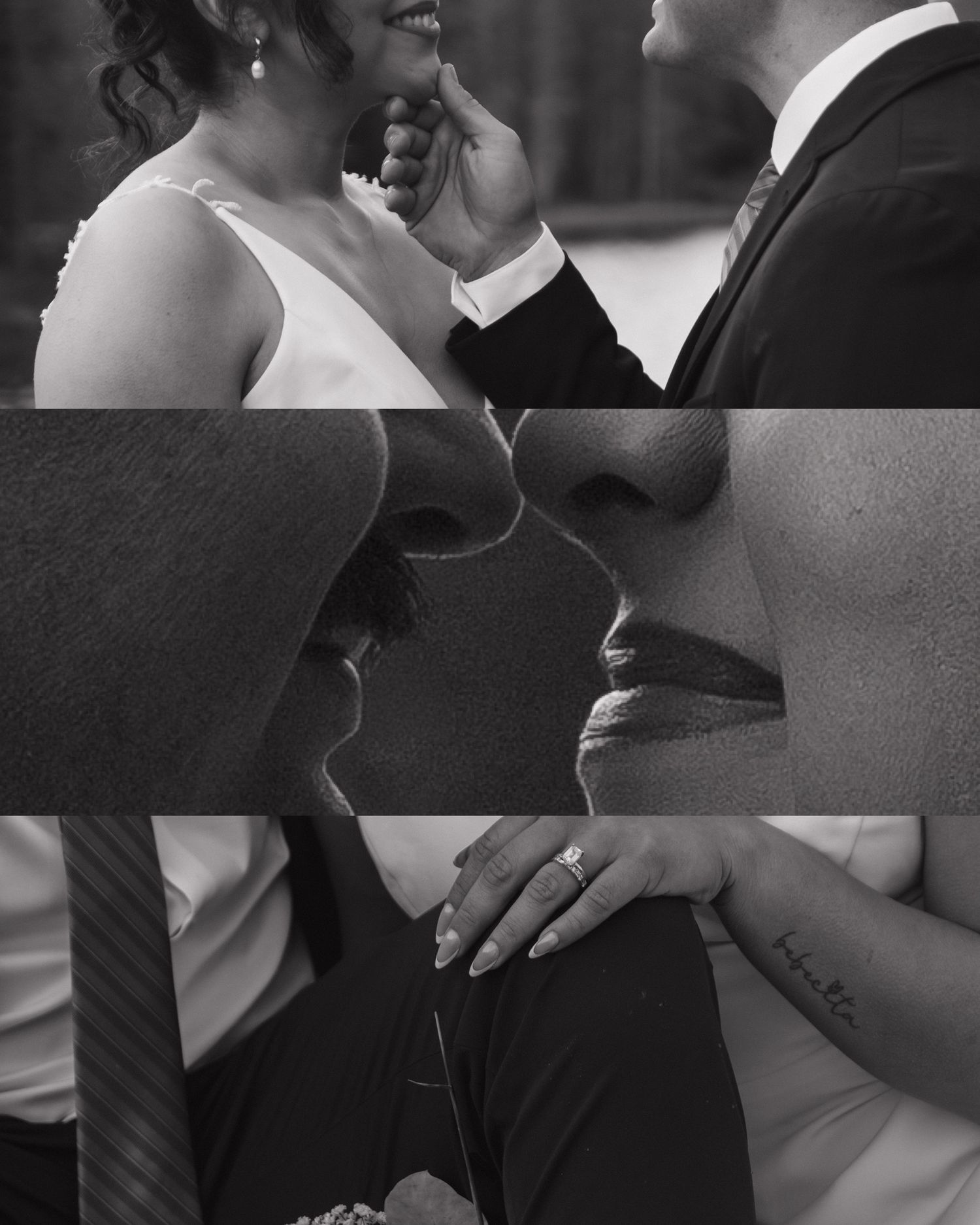 A black and white wedding portrait showing tender moments between the newlyweds.