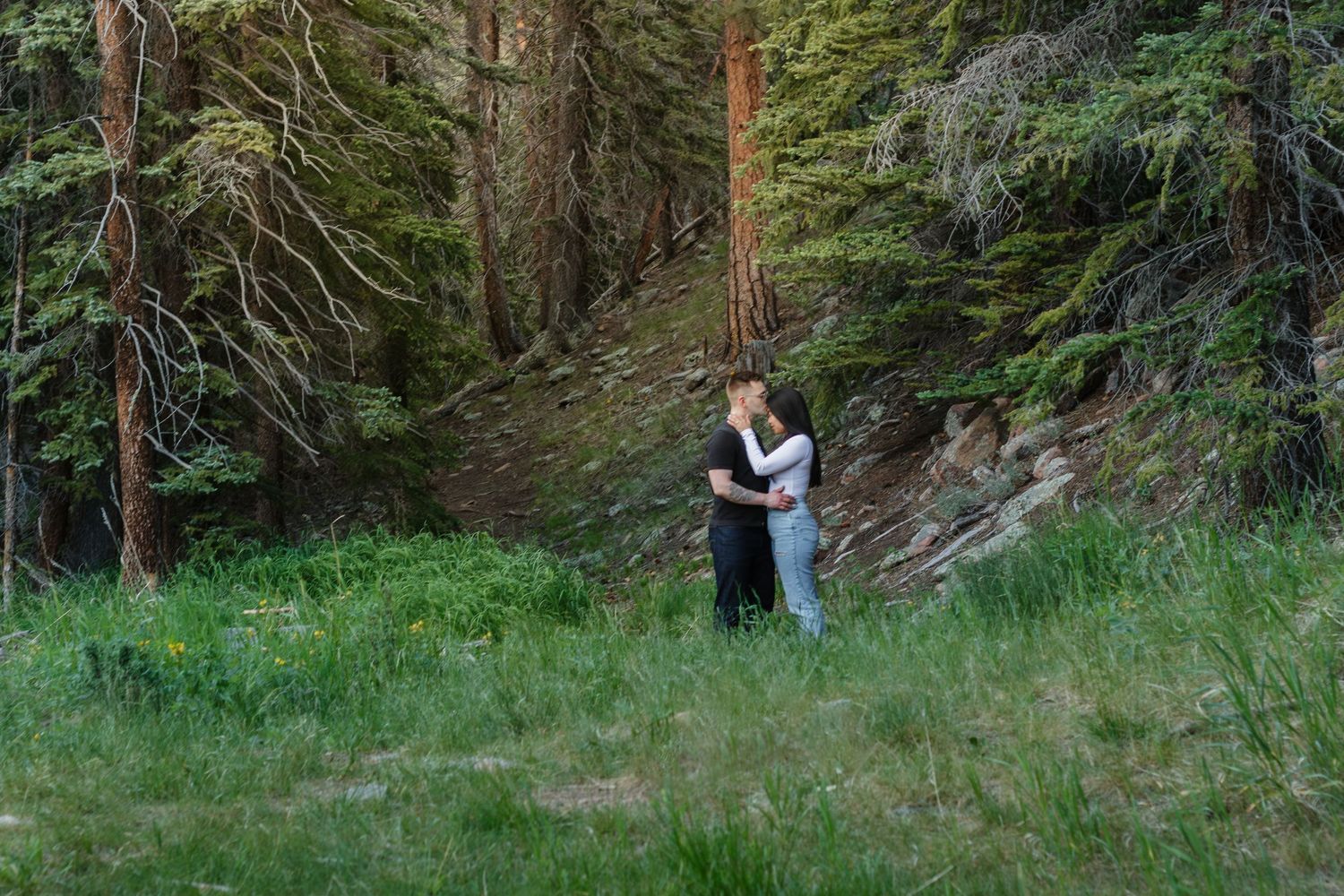 A romantic embrace between a couple standing in a lush evergreen forest clearing.
