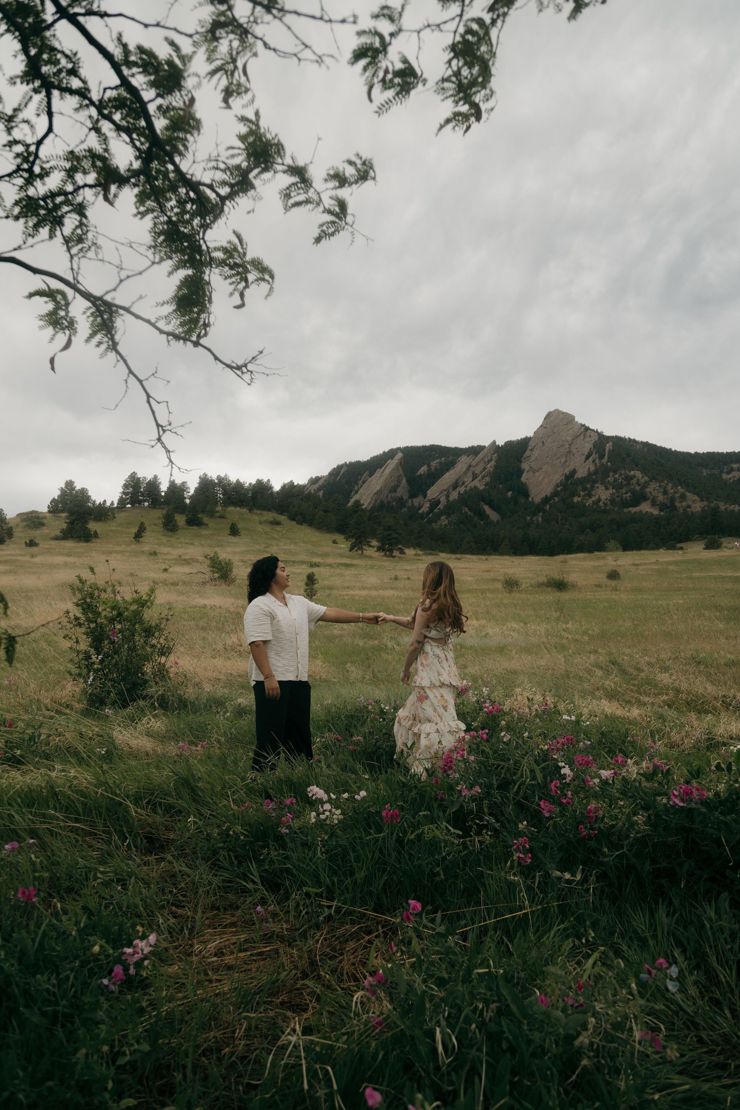 Couple holding hands in a green meadow with dramatic rocky Flatirons mountains in the background.