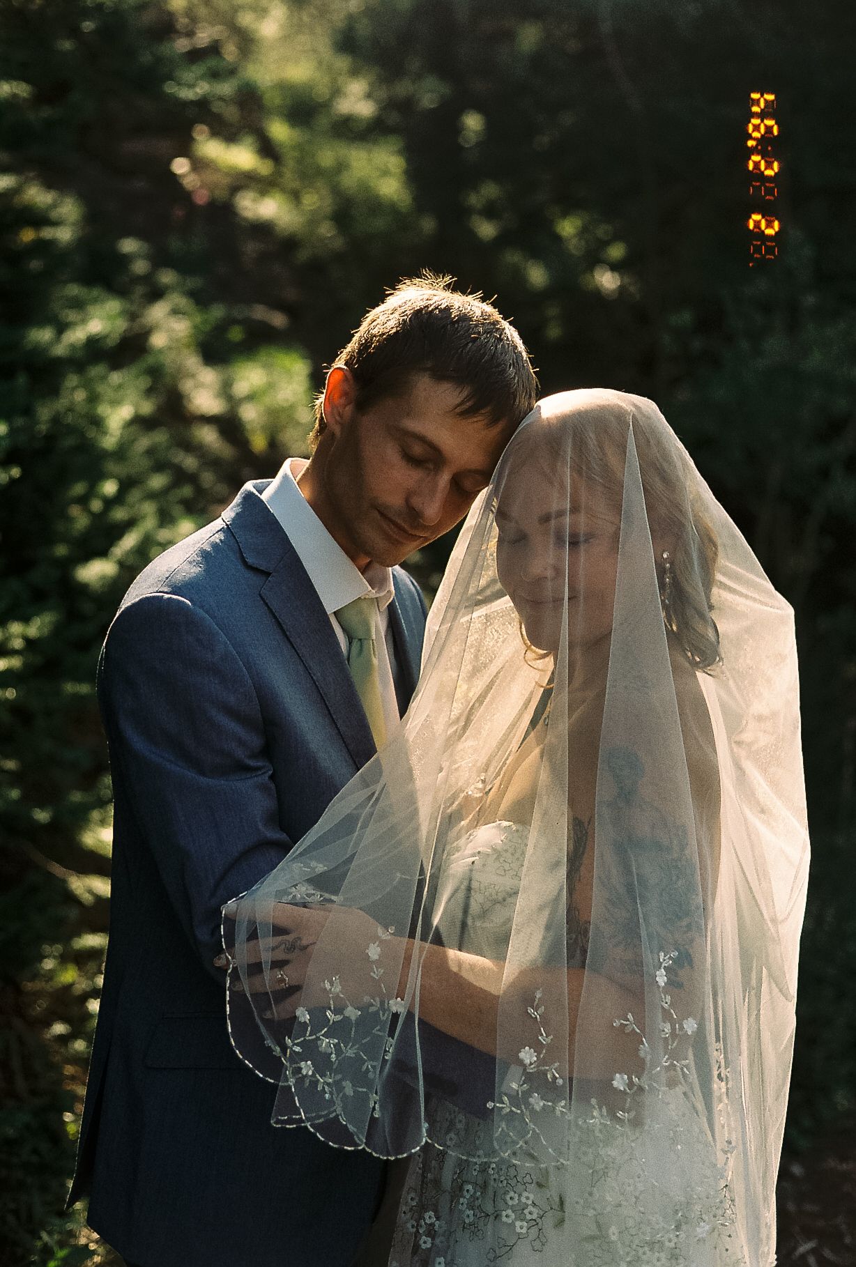 Groom embraces bride under her embroidered veil in a sunlit forest during their intimate wedding day.