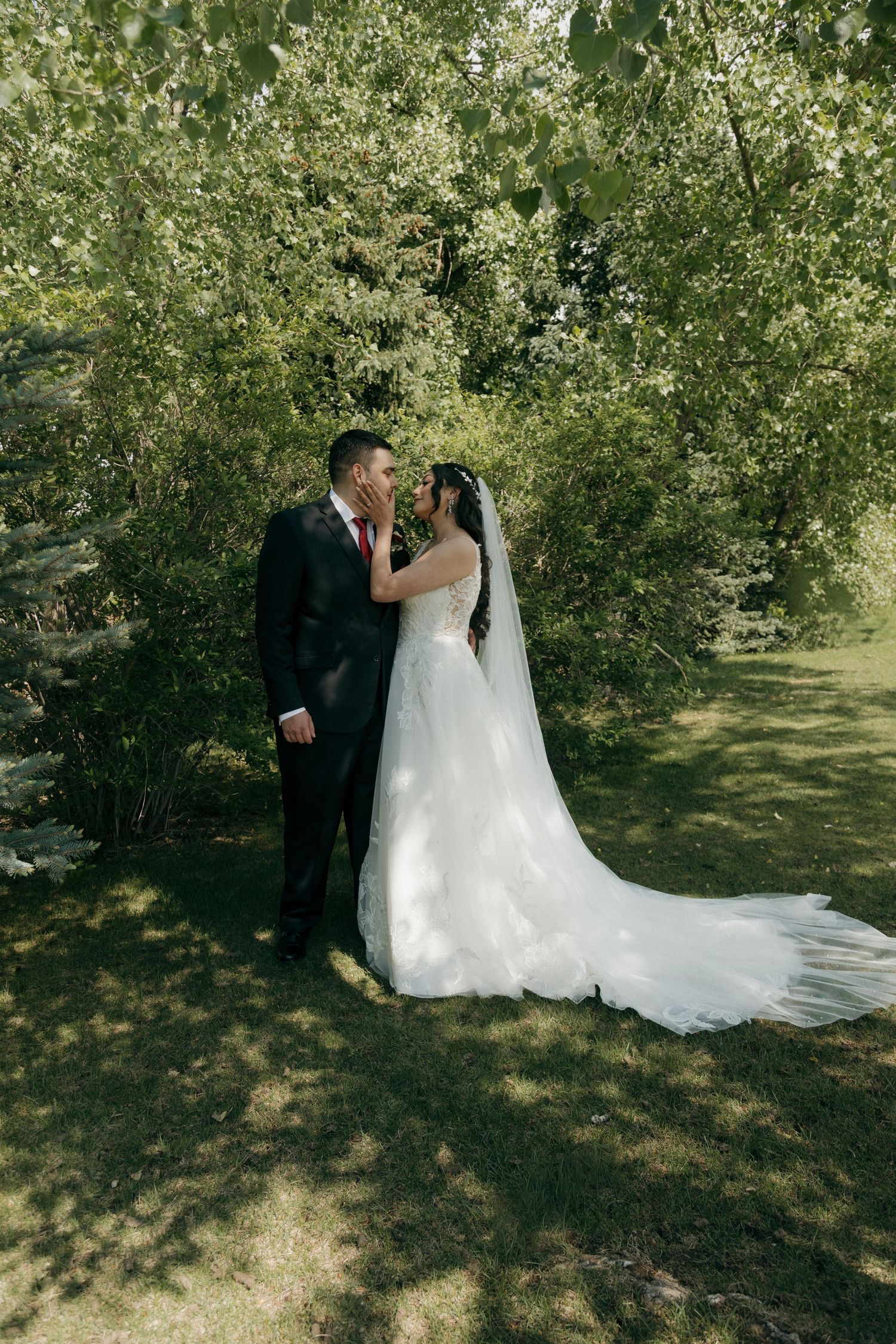 Newlyweds share a romantic moment under green trees, bride in elegant white ball gown with cathedral veil.