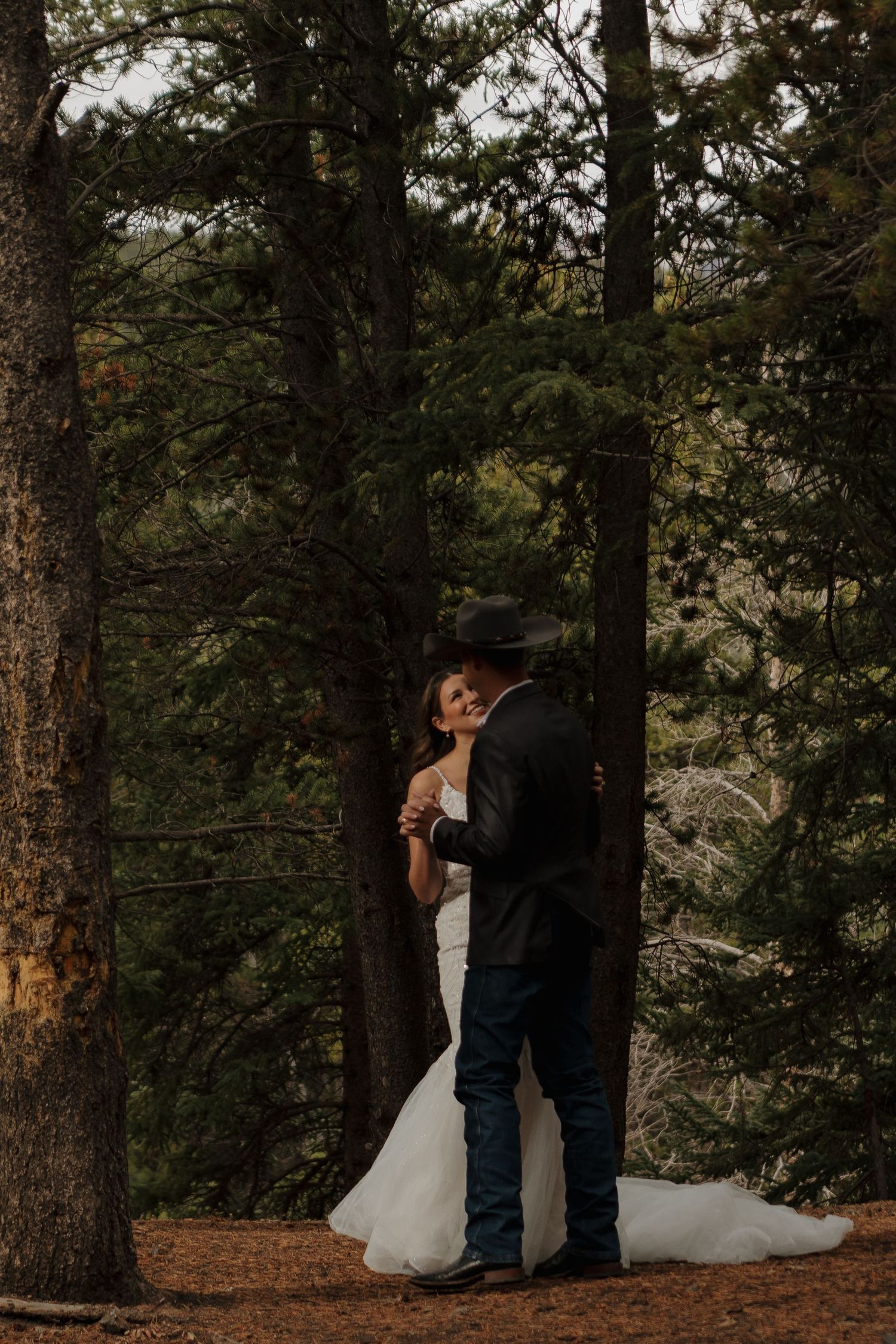 A wedding couple embraces in a serene forest setting with sunlight filtering through the pine trees.