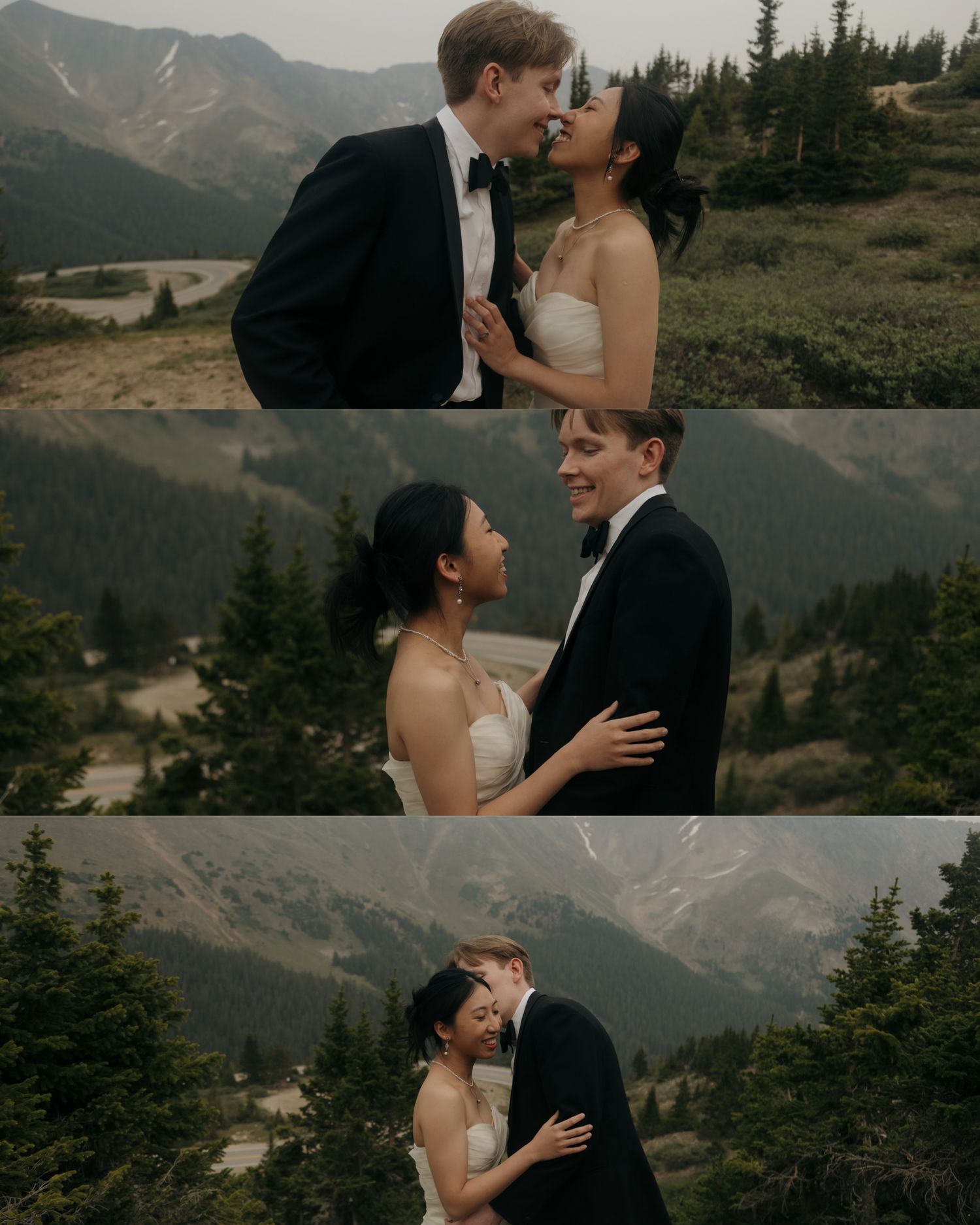 Triptych of bride and groom sharing tender moments and smiles against a scenic mountain backdrop.