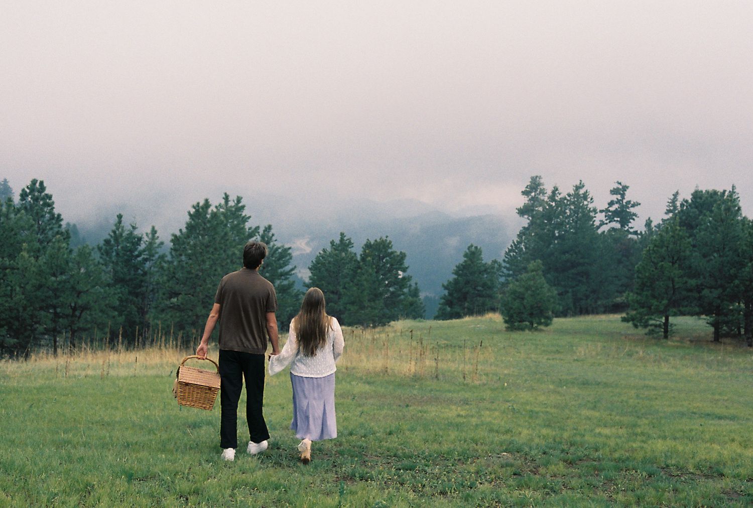 Couple walking hand in hand through a green meadow with pine trees and misty mountains, carrying a picnic basket.