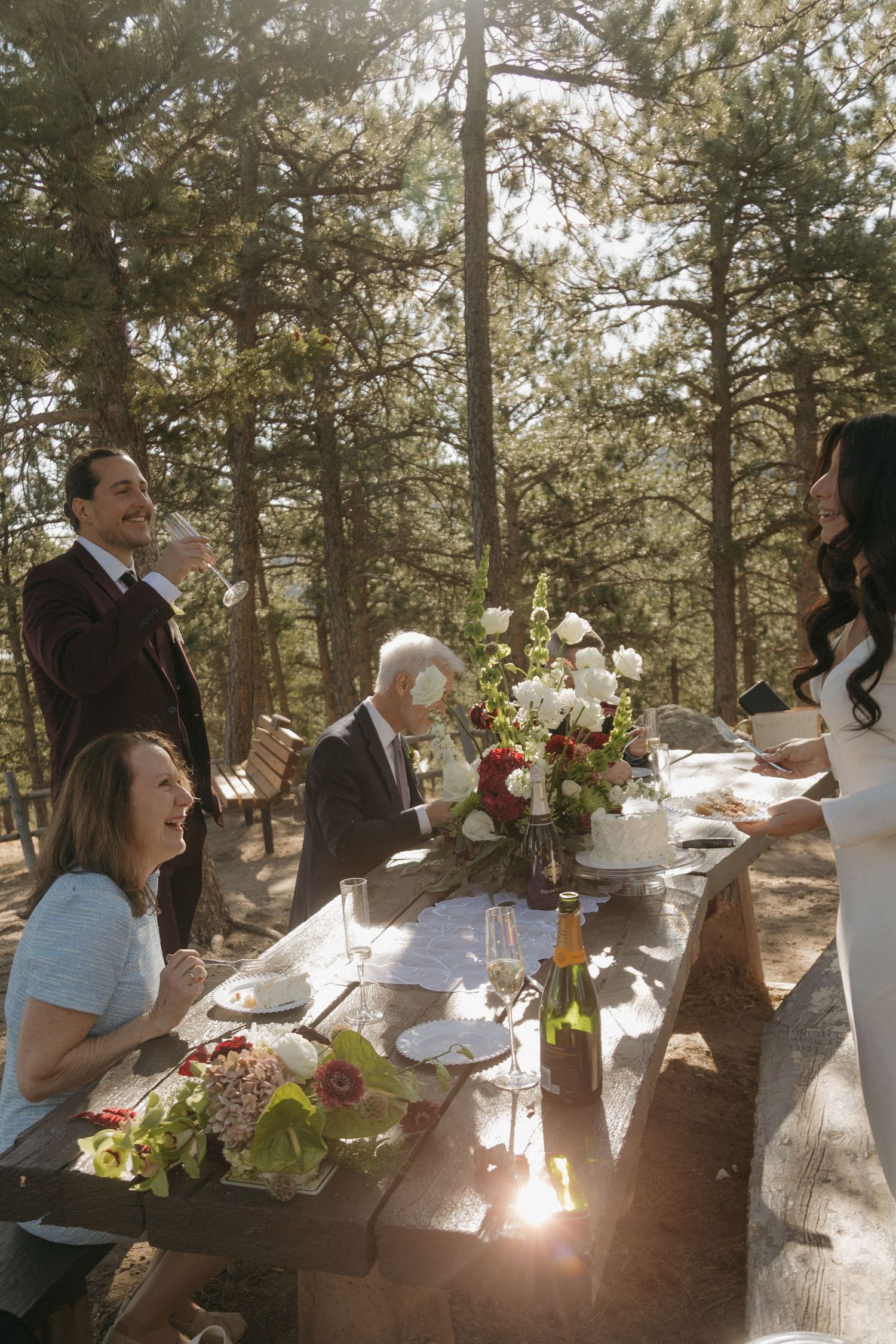 Wedding party celebrates at rustic outdoor picnic table surrounded by tall pine trees in sunlight.
