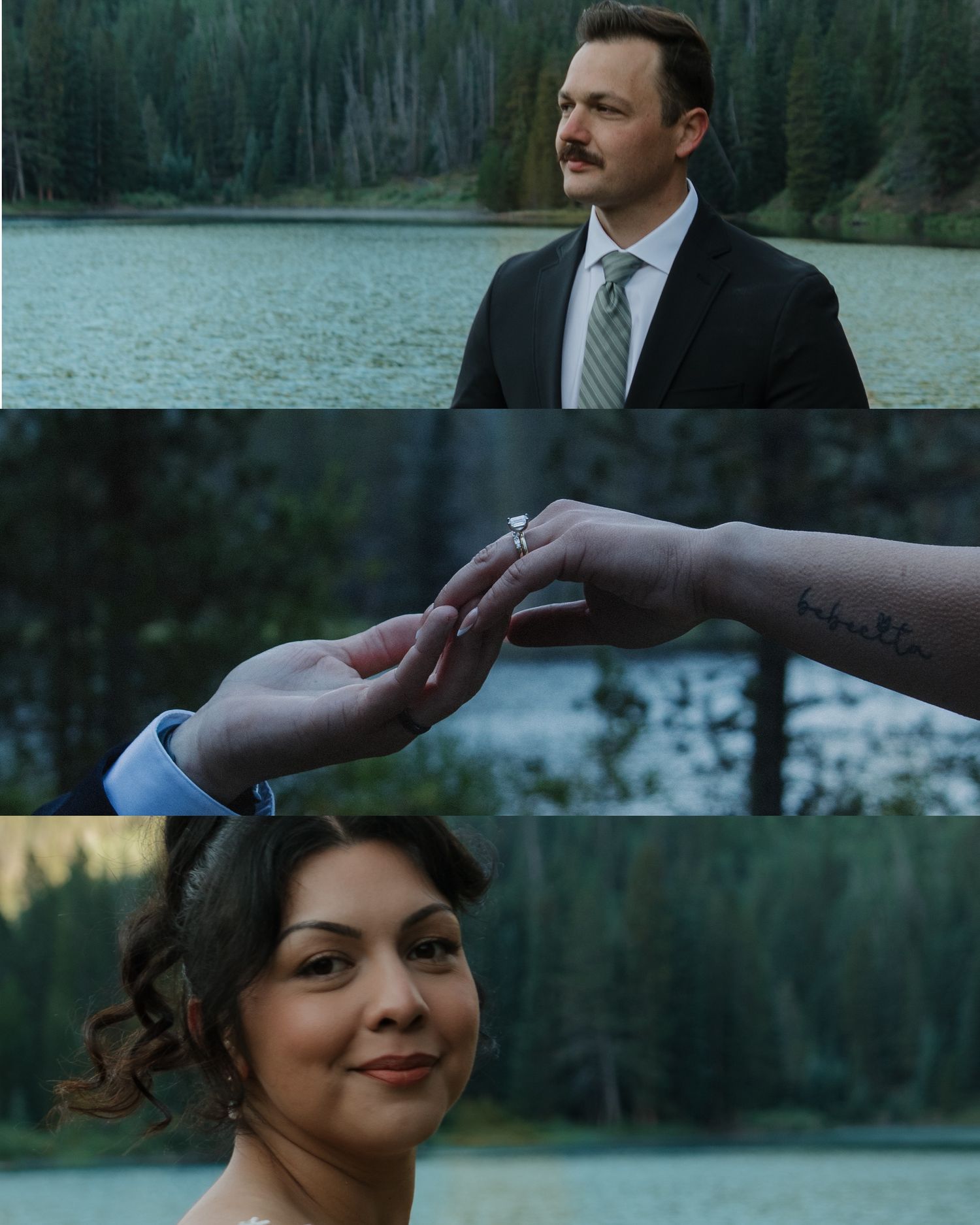 Tender moments captured during mountain lakeside wedding photoshoot.