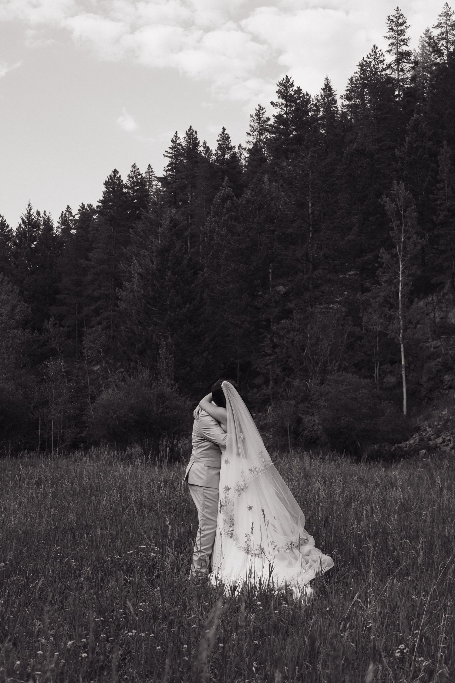 Black and white photo of bride and groom kissing in meadow with pine forest backdrop during elopement.