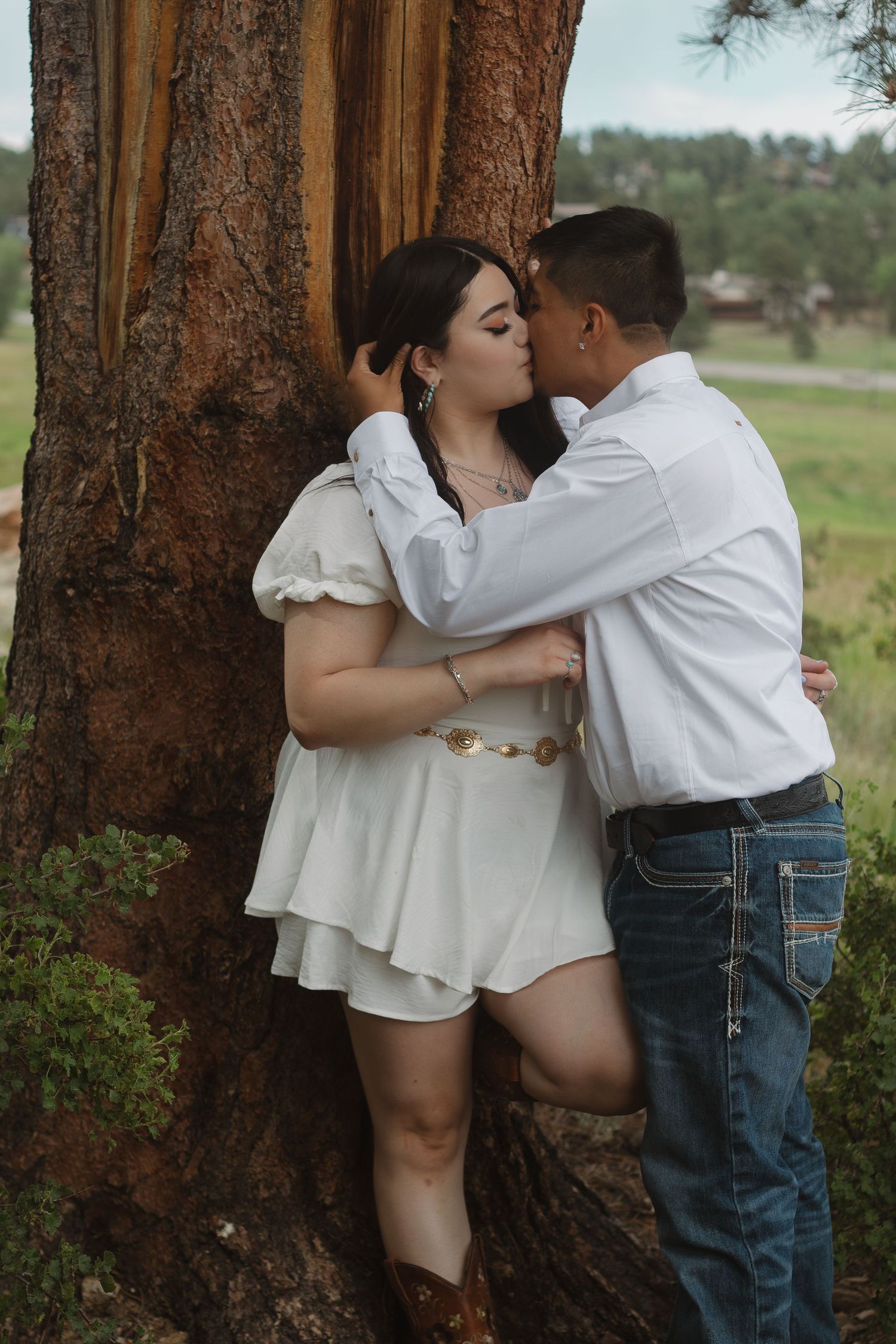 Couple shares romantic moment against large pine tree trunk in mountain meadow setting.