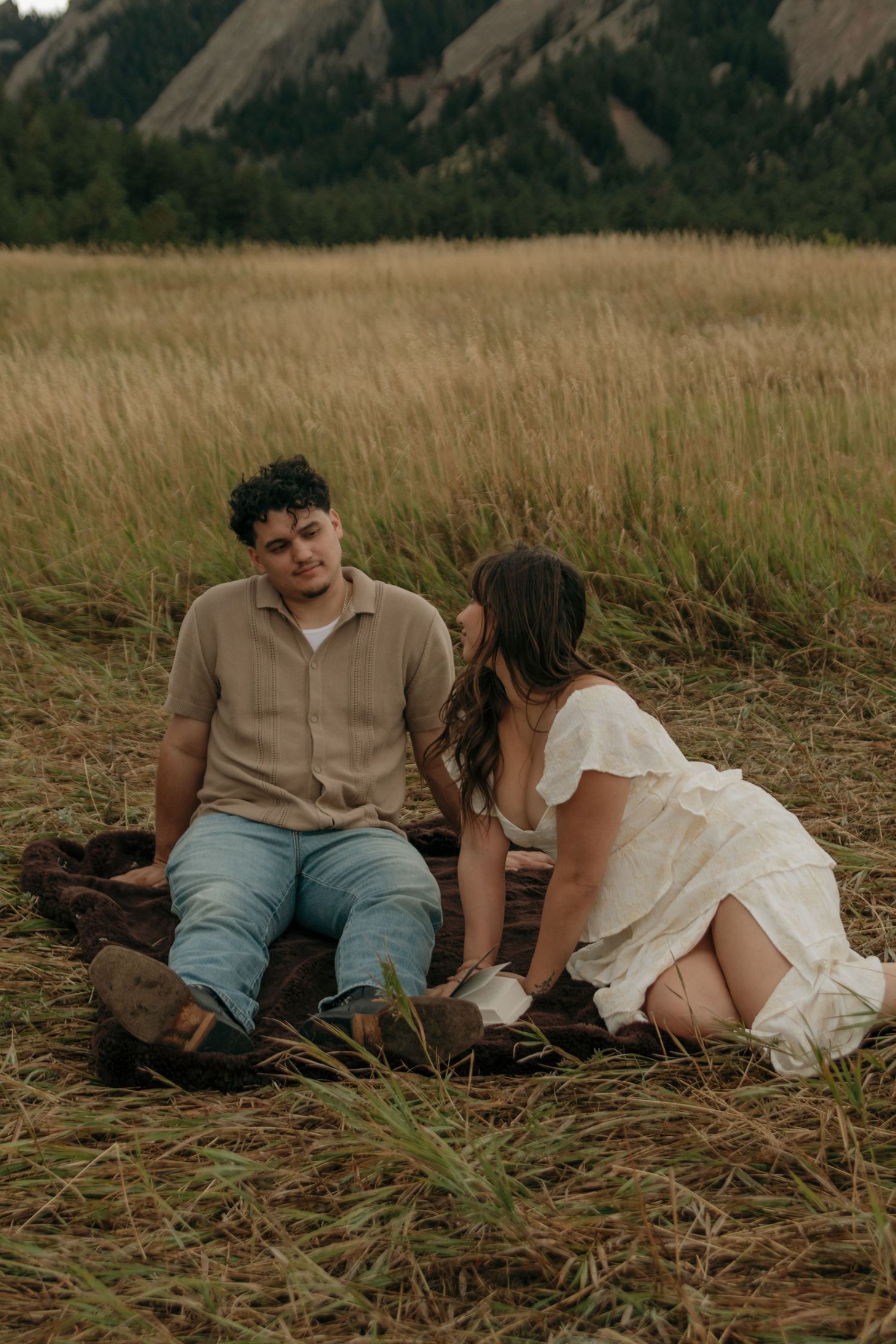 Engaged couple sits together on a blanket in a golden grass field with mountains behind them.