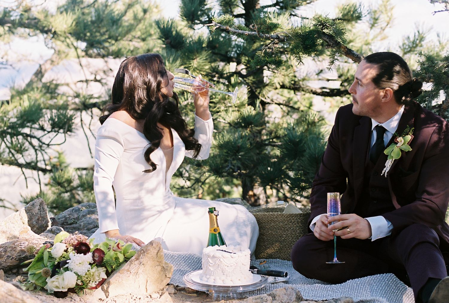 Bride and groom toasting champagne during an intimate outdoor elopement picnic with wedding cake.