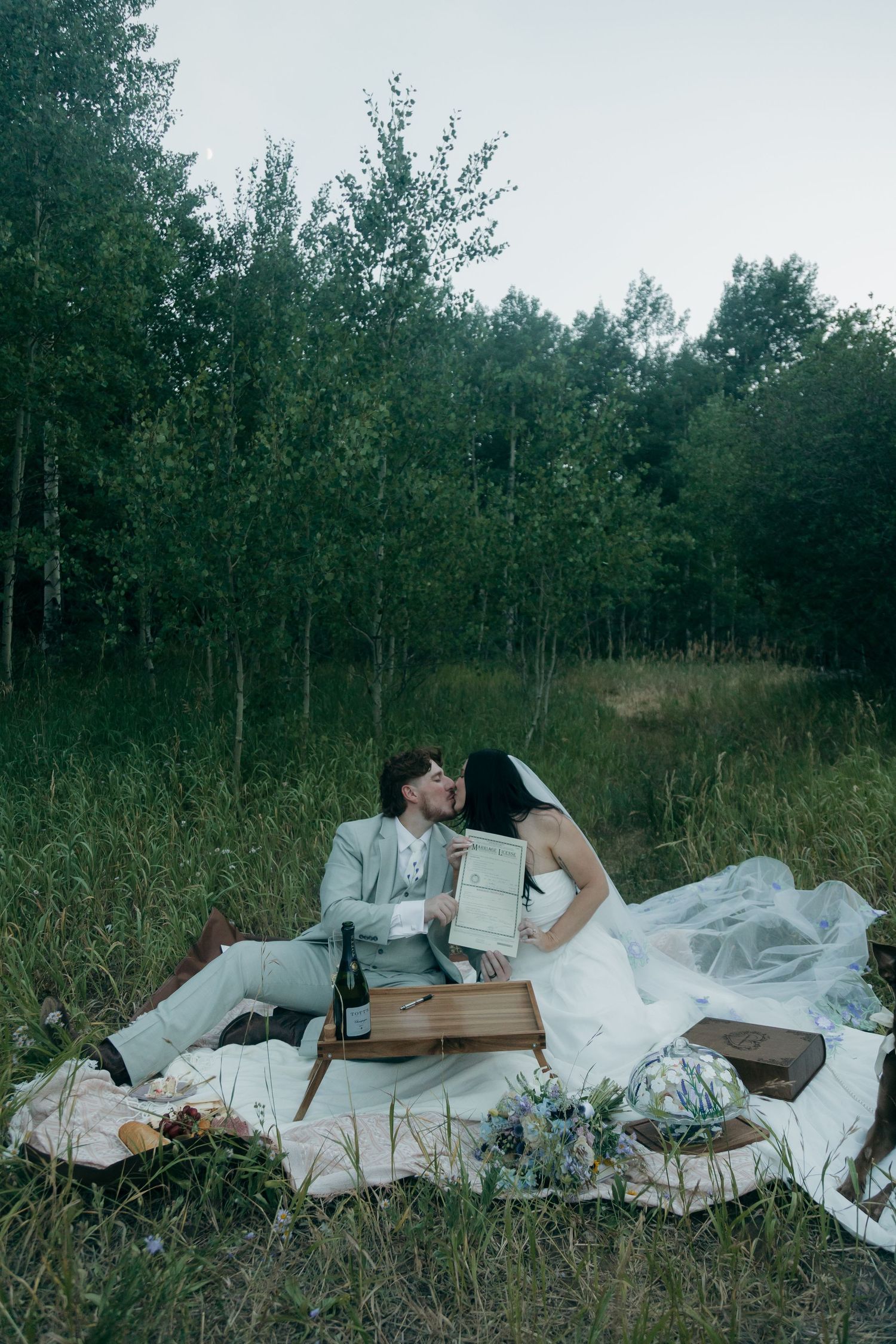 Bride and groom share a kiss during a romantic outdoor picnic on a blanket surrounded by champagne and flowers in a forest meadow.